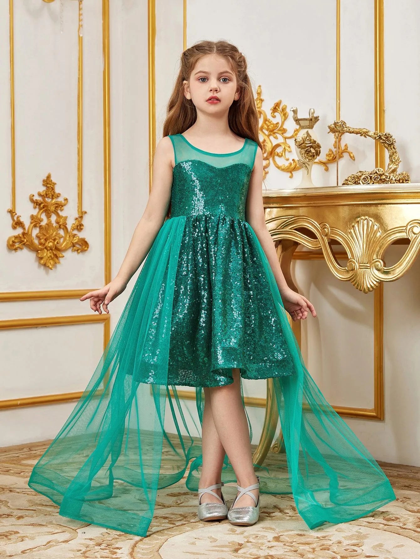 Tween Girls' Sleeveless Contrast Mesh Sequin Party Dress - Elonnashop