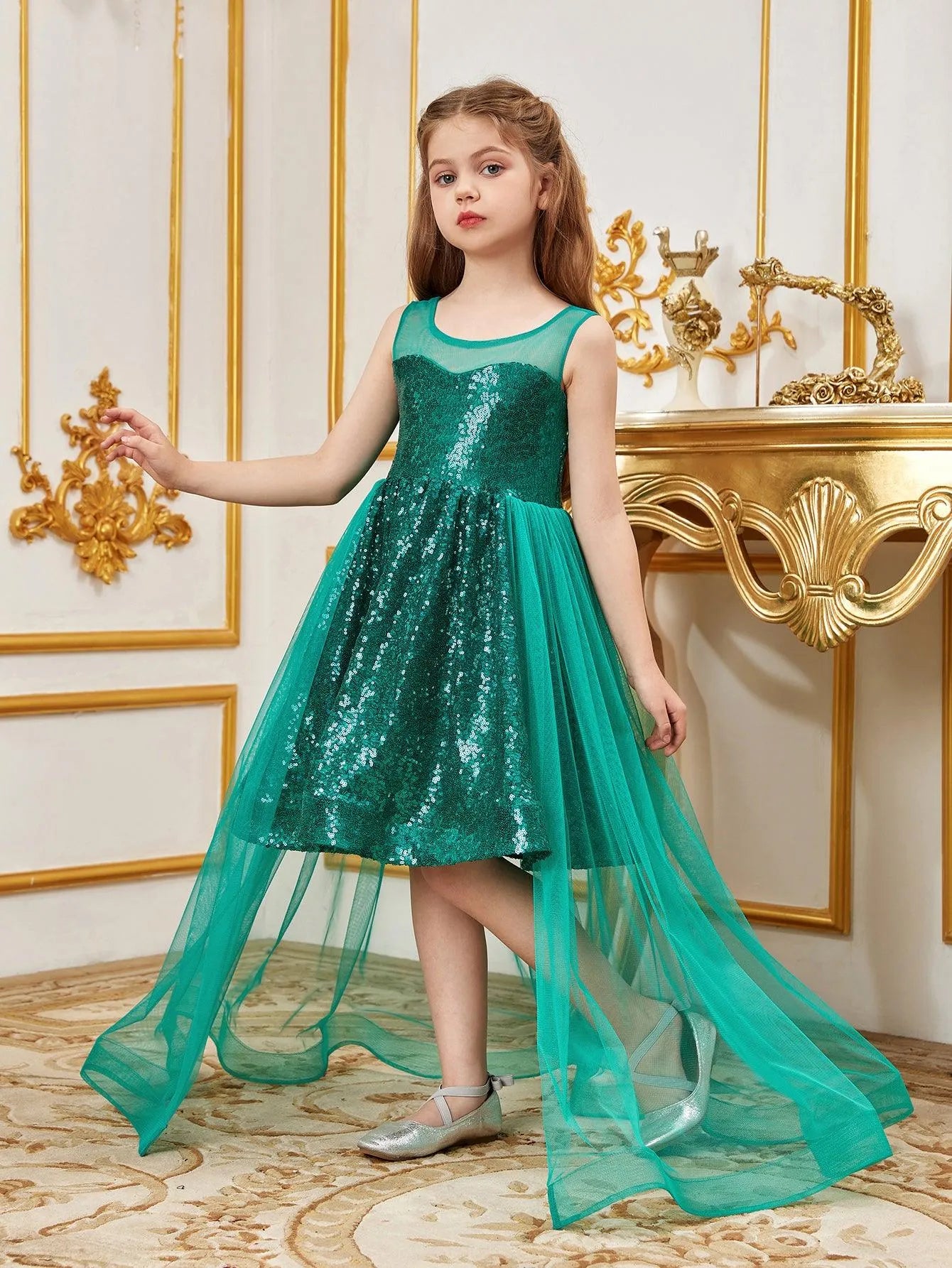 Tween Girls' Sleeveless Contrast Mesh Sequin Party Dress - Elonnashop