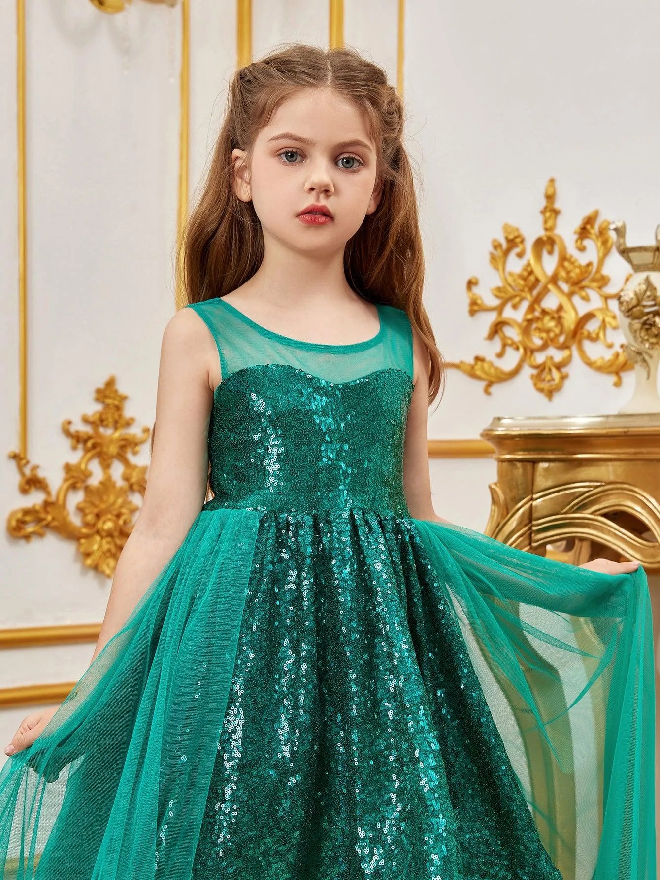 Tween Girls' Sleeveless Contrast Mesh Sequin Party Dress - Elonnashop