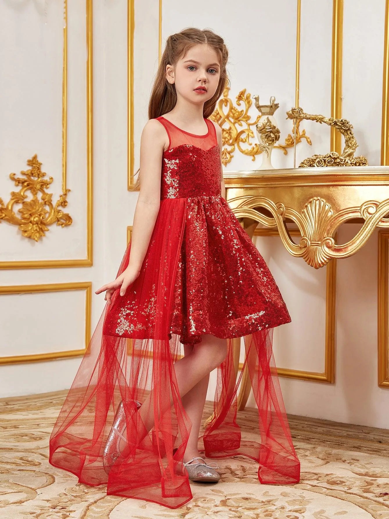 Tween Girls' Sleeveless Contrast Mesh Sequin Party Dress - Elonnashop