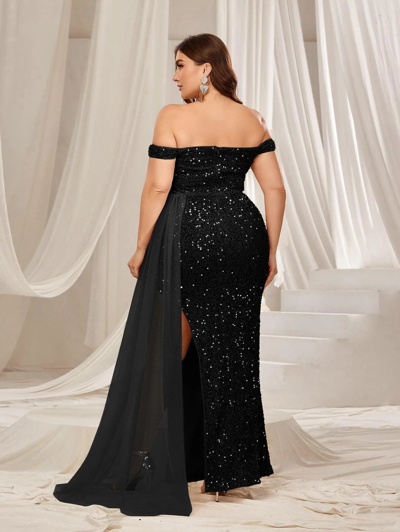 Plus Off Shoulder Split Thigh Sequin Formal Party Dress