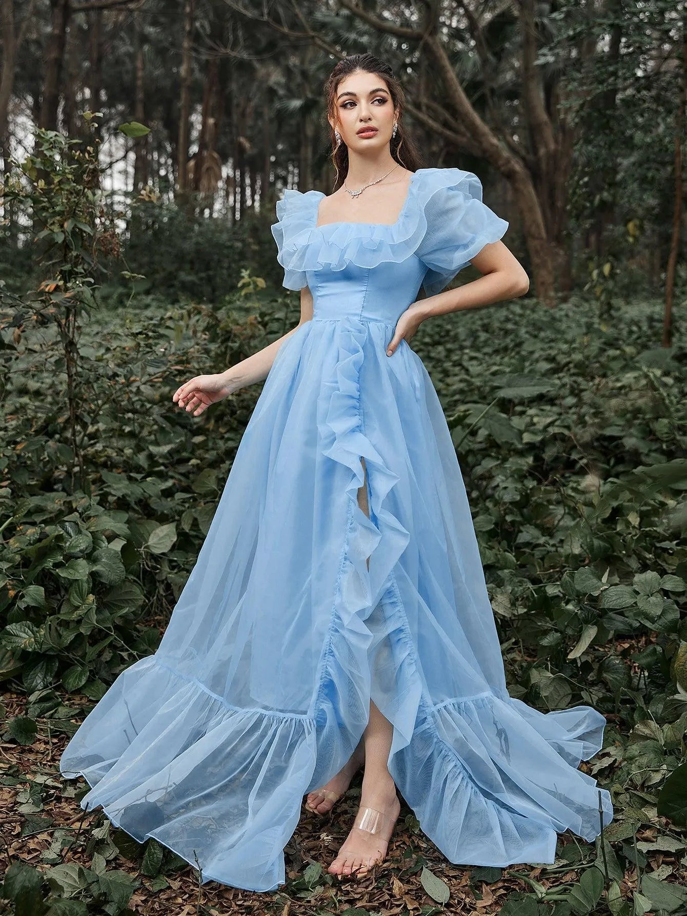 Elegant Ruffle Trim Puff Sleeves Organza Dress