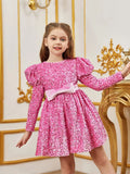 Tween Girls' Gigot Sleeve Bow Decor Sequin Midi Dress - Elonnashop