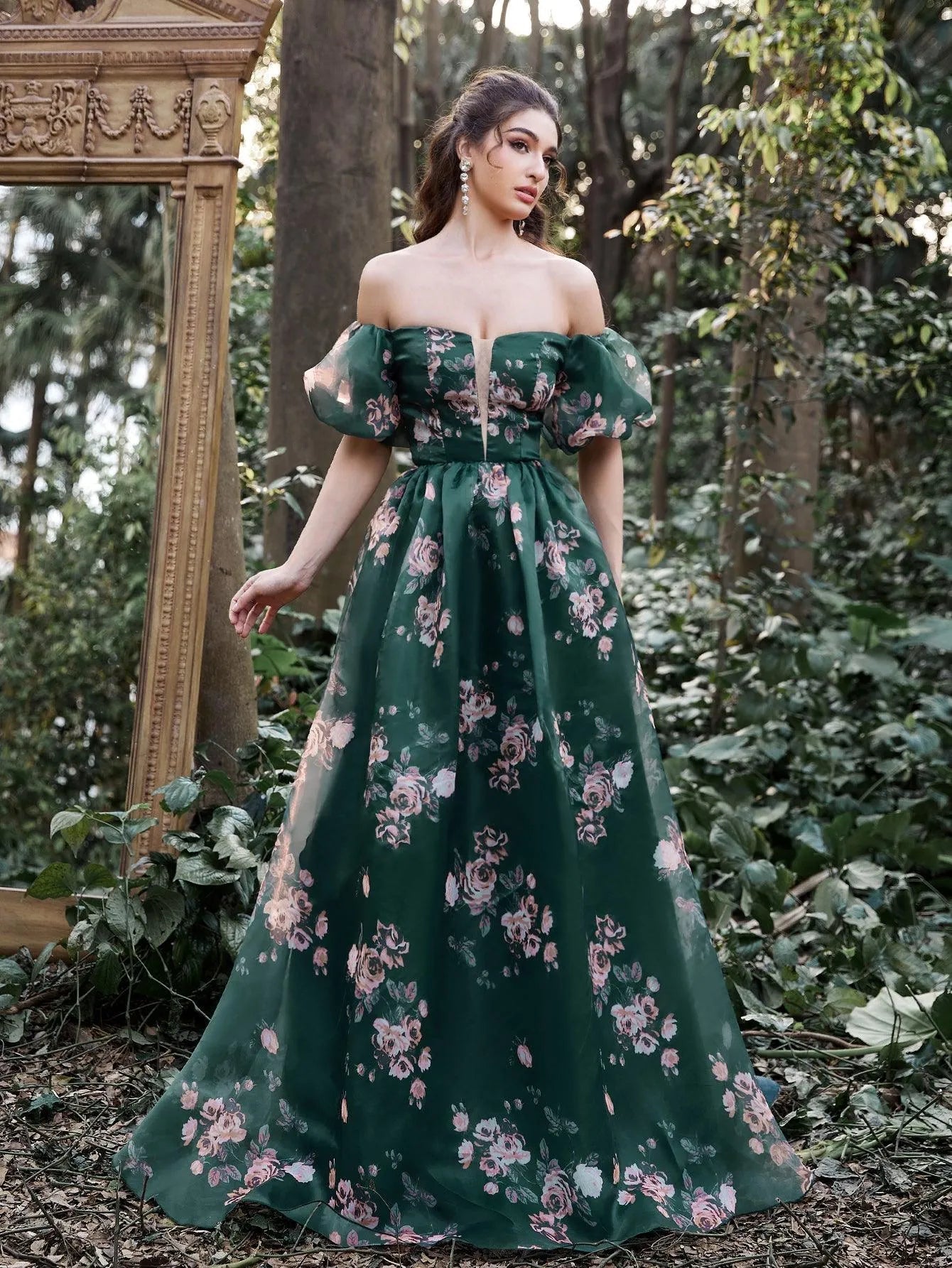 Gorgeous Off Shoulder Puff Sleeves Floral Organza Prom Dress