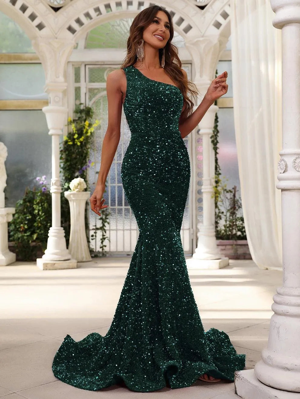Elegant One Shoulder Sleeveless Sequin Mermaid Dresses - Elonnashop
