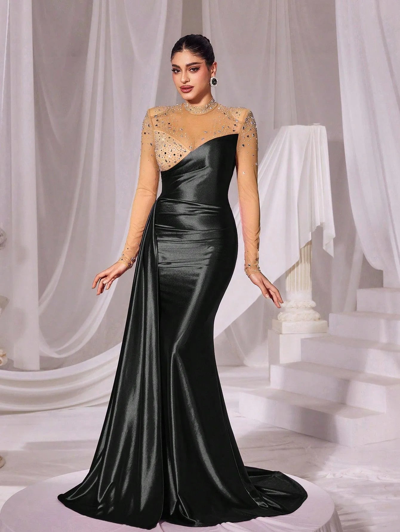 Rhinestone Detail Mock Neck Satin Mermaid Prom Dress