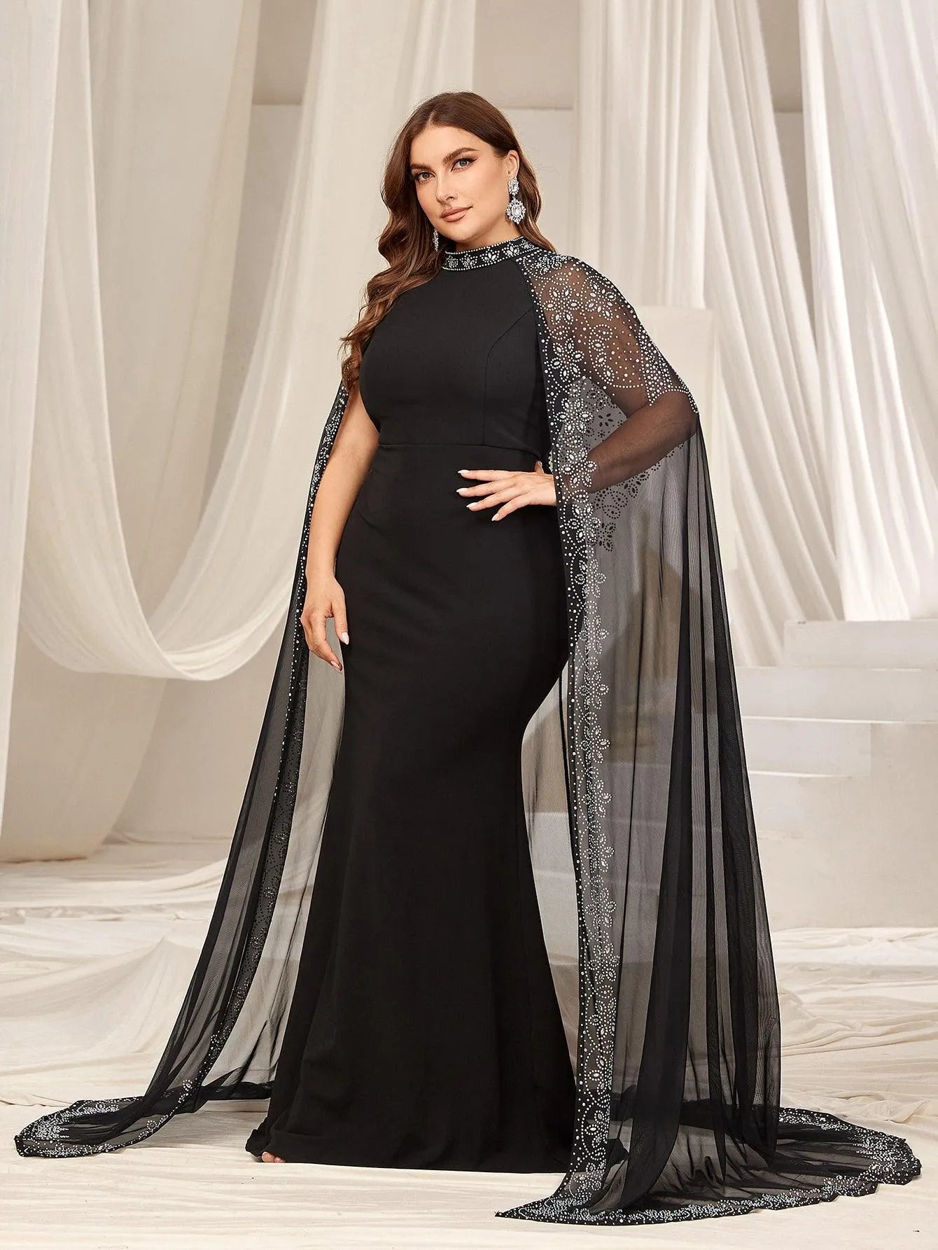 Plus Rhinestone Detail Mock Neck Mermaid Hem Formal Cape Dress