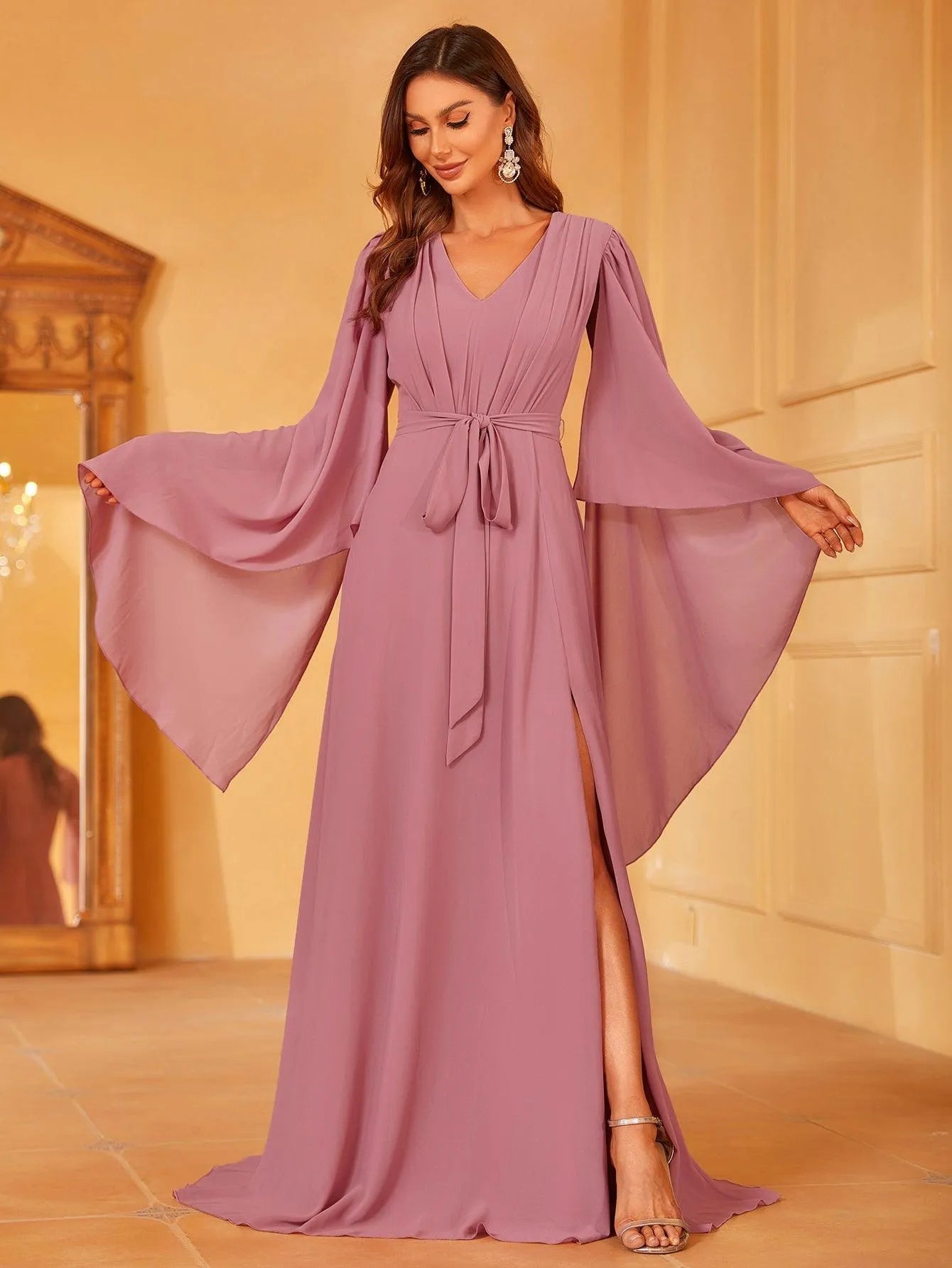 Solid Flounce Sleeve Chiffon Bridesmaid dress