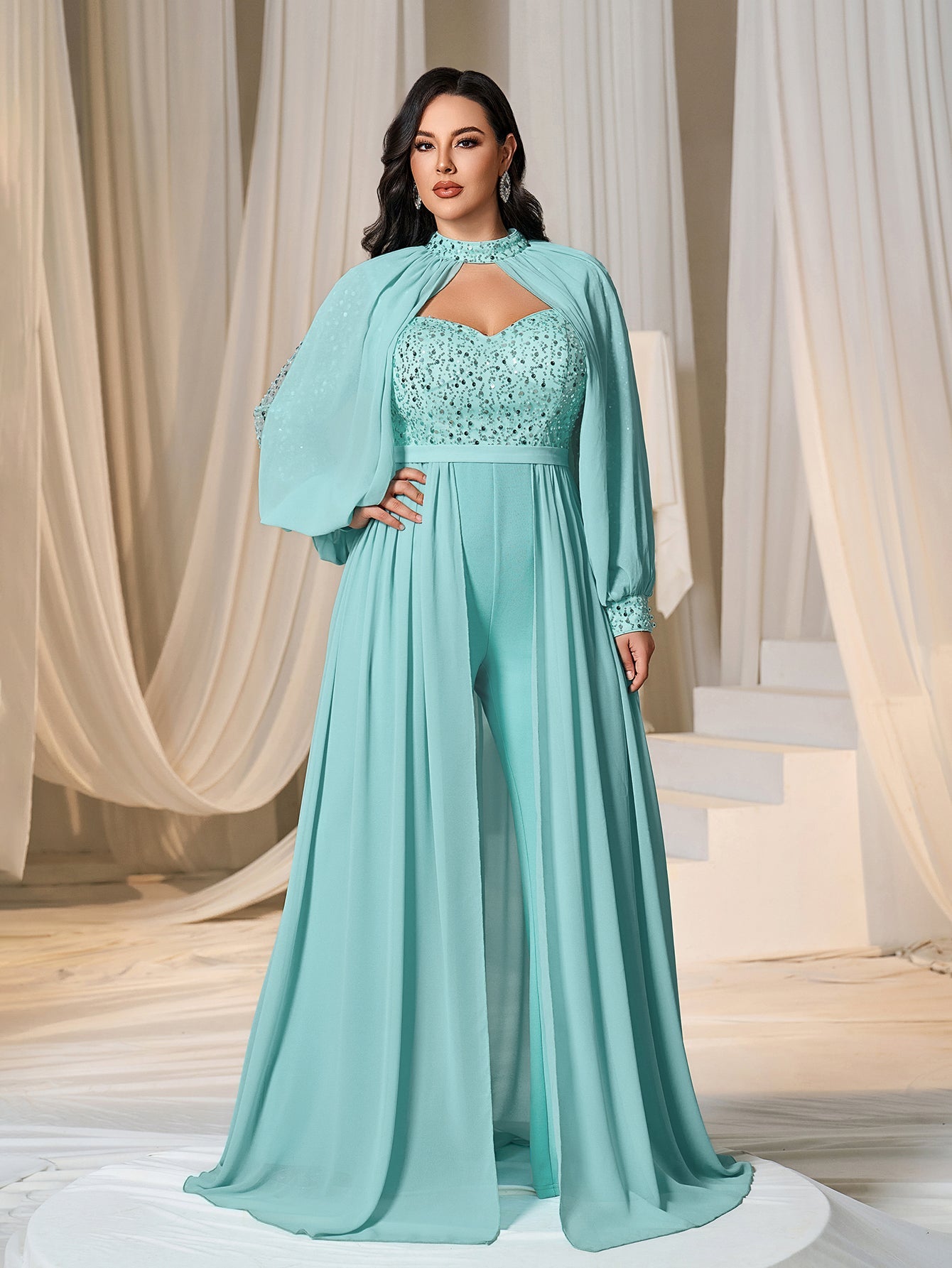 Plus Lantern Sleeves Chiffon Overlay Sequin Party Jumpsuit