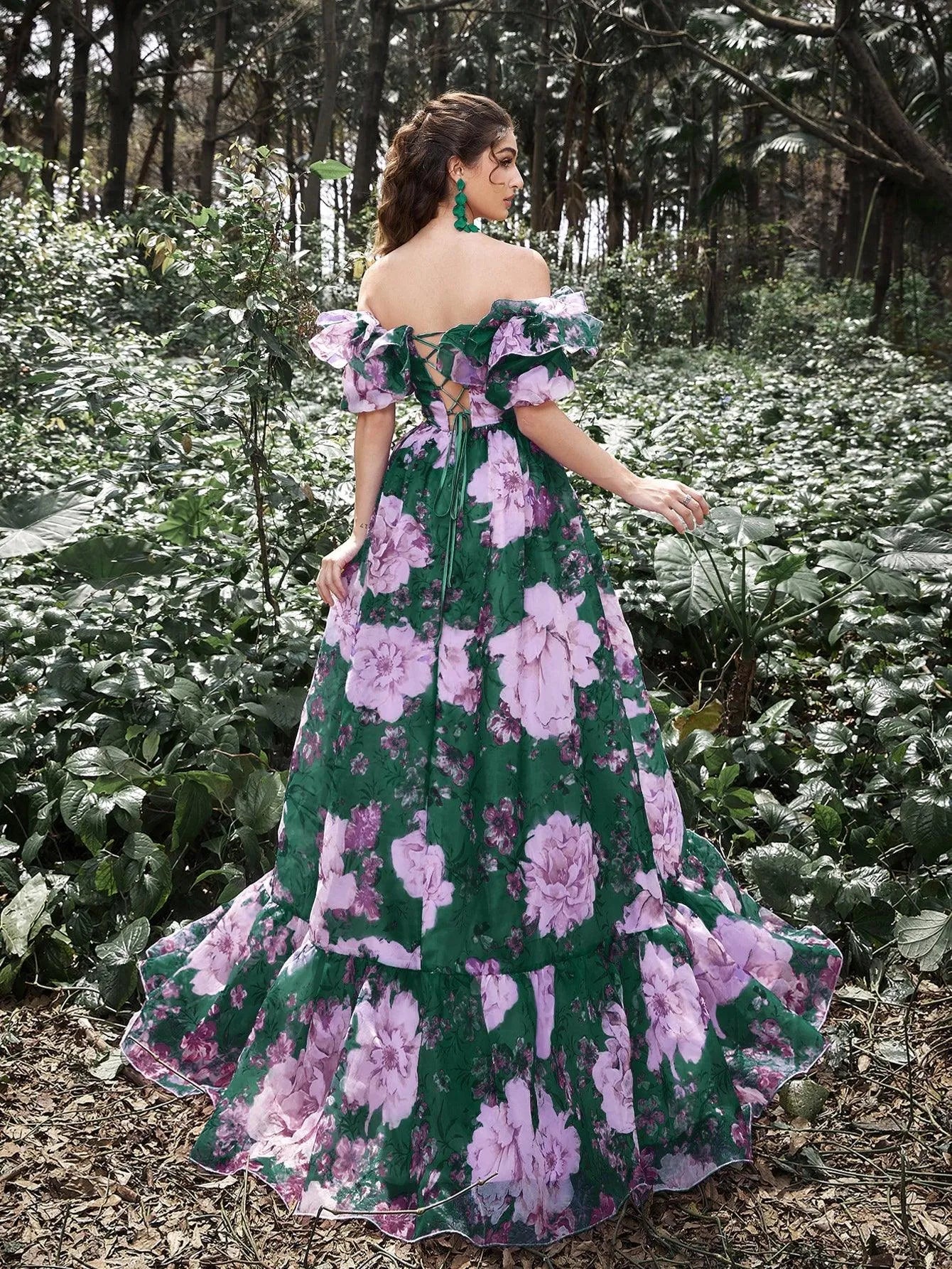 Elegant Ruffle Trim Off Shoulder Floral Organza Prom Dress