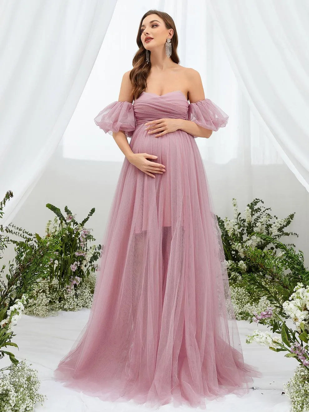 Maternity Off Shoulder Puff Sleeve Mesh Overlay Dress