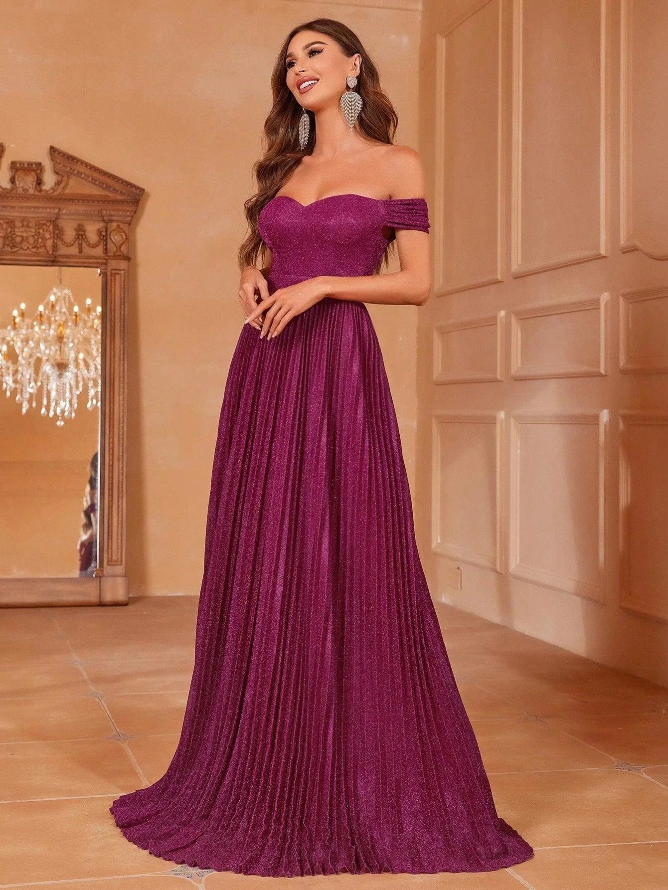 Glitter Off Shoulder Pleated Prom Dress