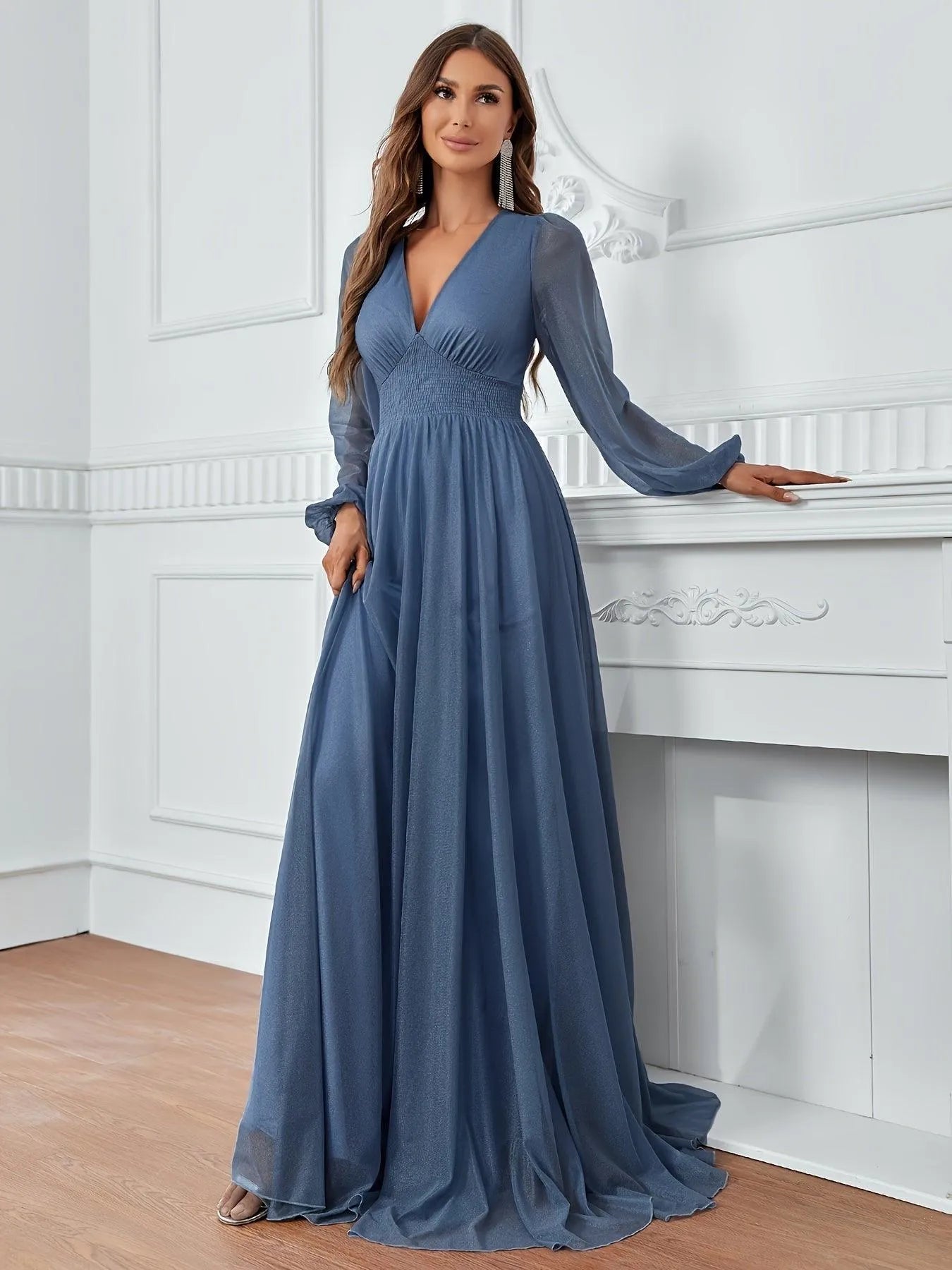 Elegant Shirred Waist Maxi A Line Dress