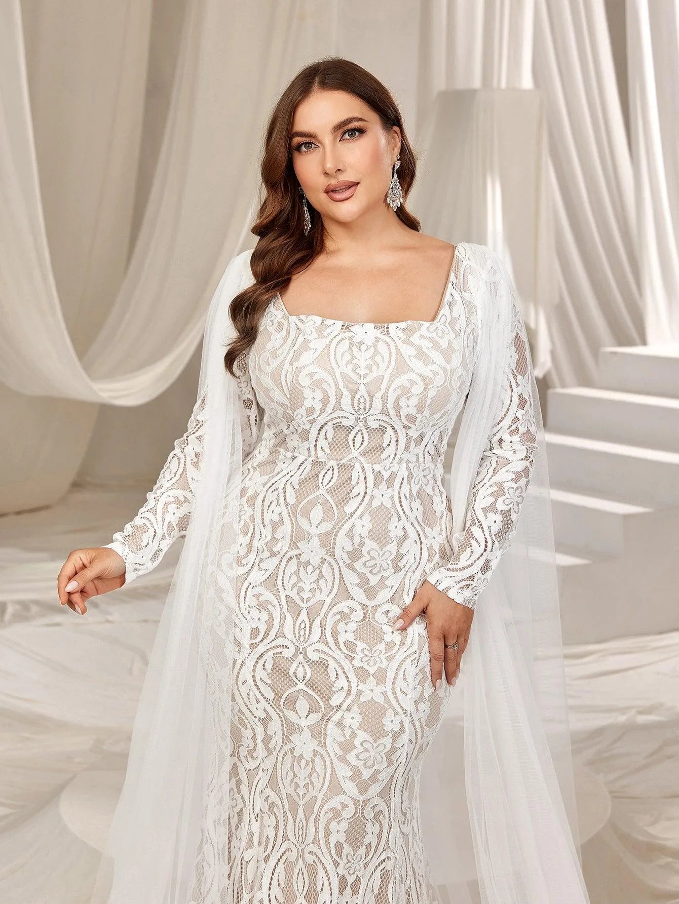 Plus Square Neck Mermaid Hem Lace Wedding Dress