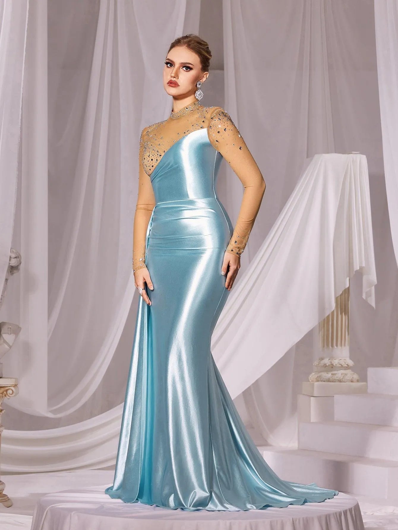 Rhinestone Detail Mock Neck Satin Mermaid Prom Dress