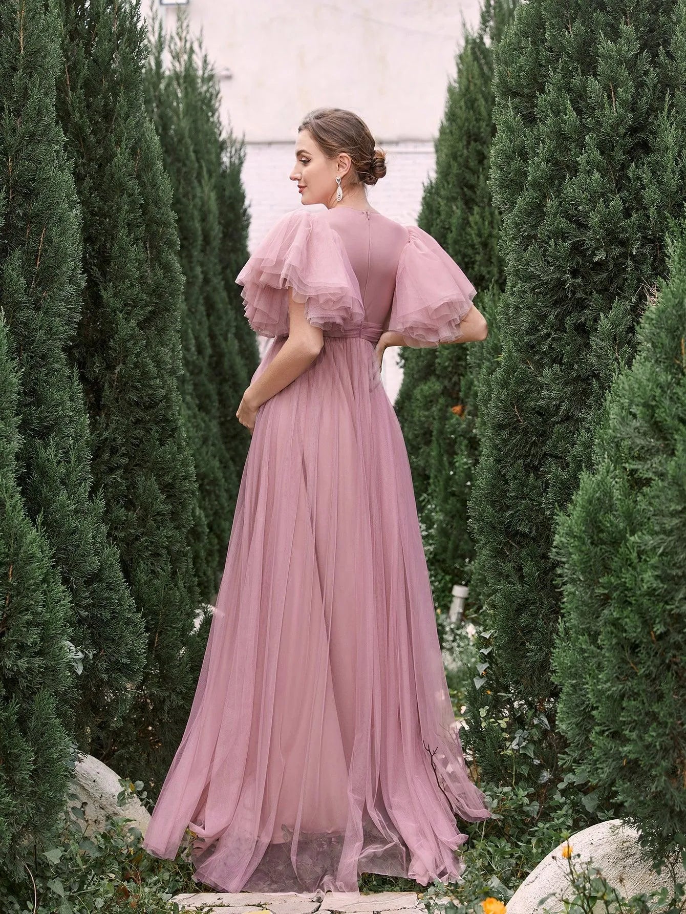 Maternity V Neck Layered Ruffle Sleeves Split Prom Dress