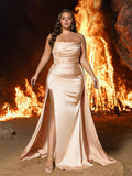 Plus Satin Strapless Evening Gown with Lace Appliqué | High Slit & Sweep Train