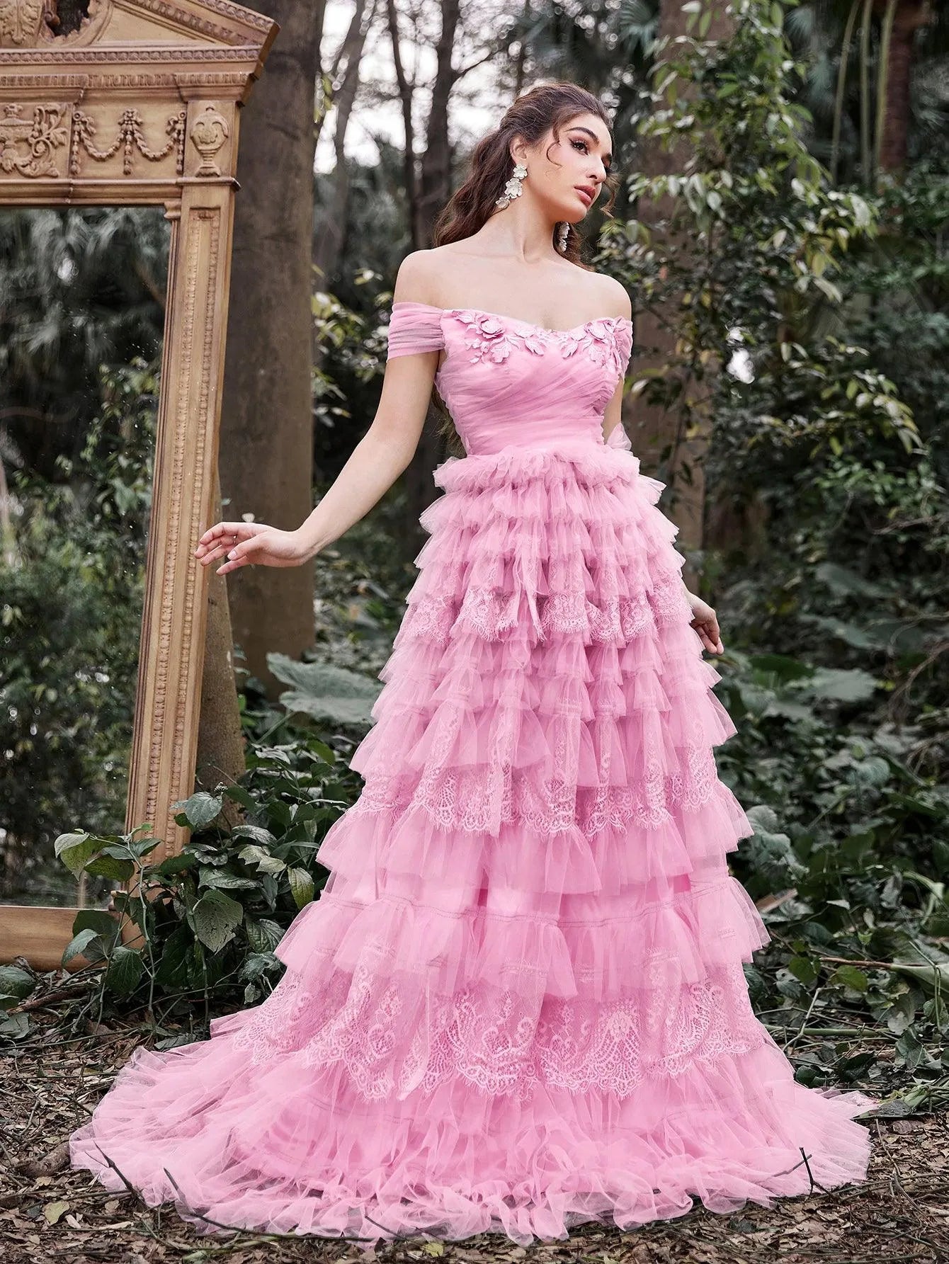 Gorgeous Applique Detail Off Shoulder Cascading Ruffle Hem Prom Dress