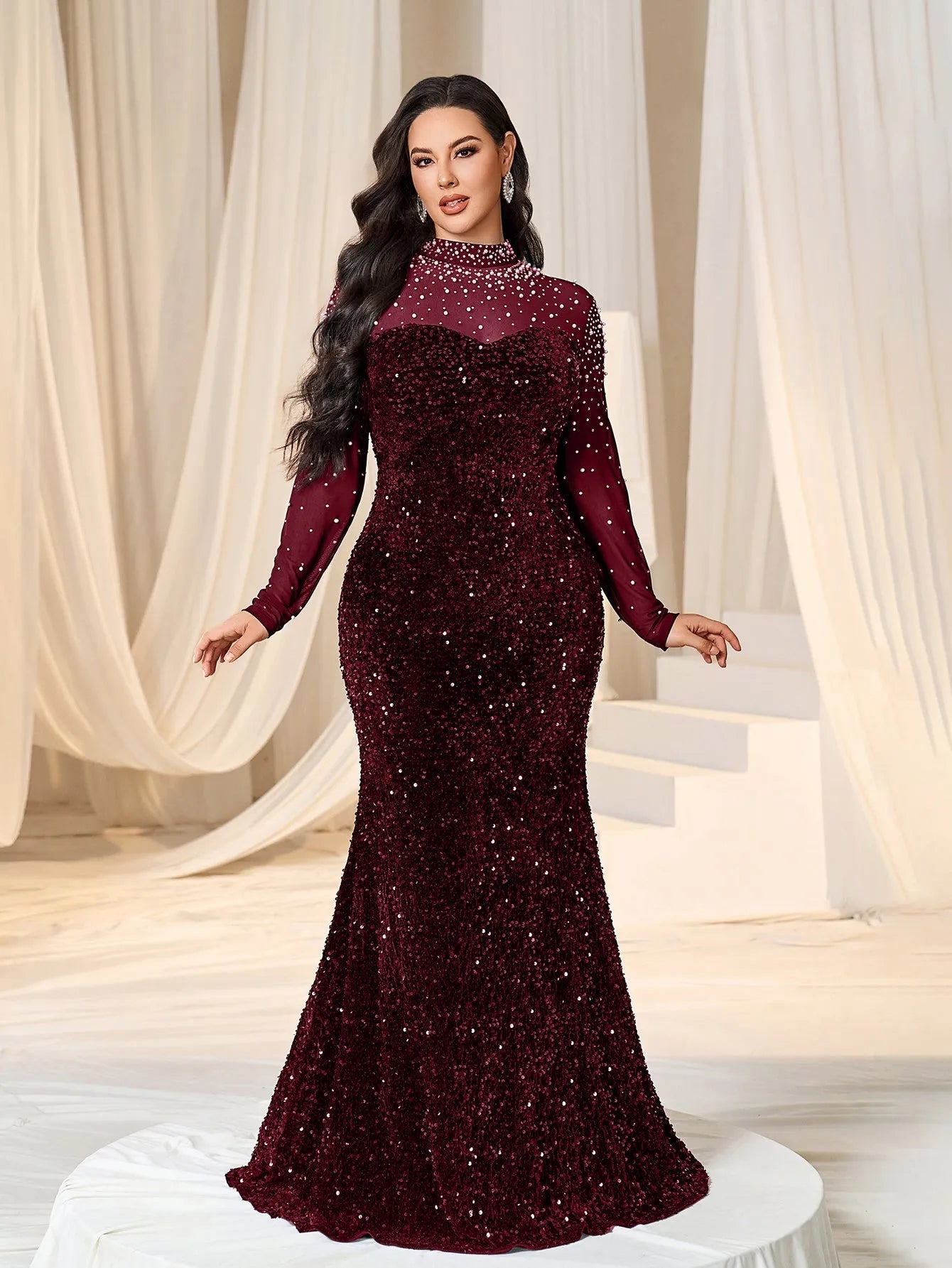 Plus Pearl Decor Mock Neck Sequin Mermaid Dress