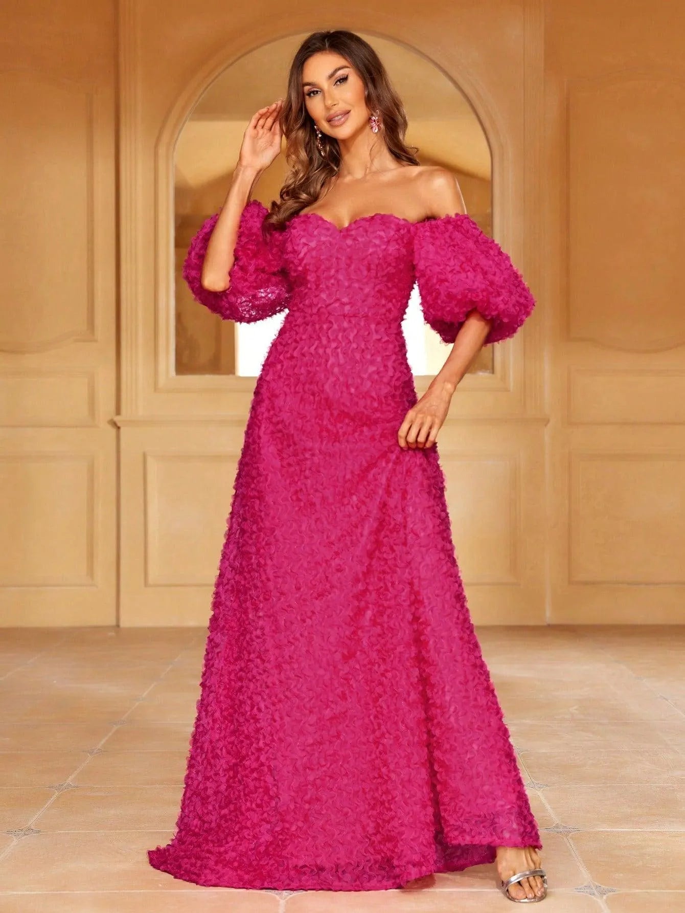 Textured Off-Shoulder Puff Sleeves Formal Dress