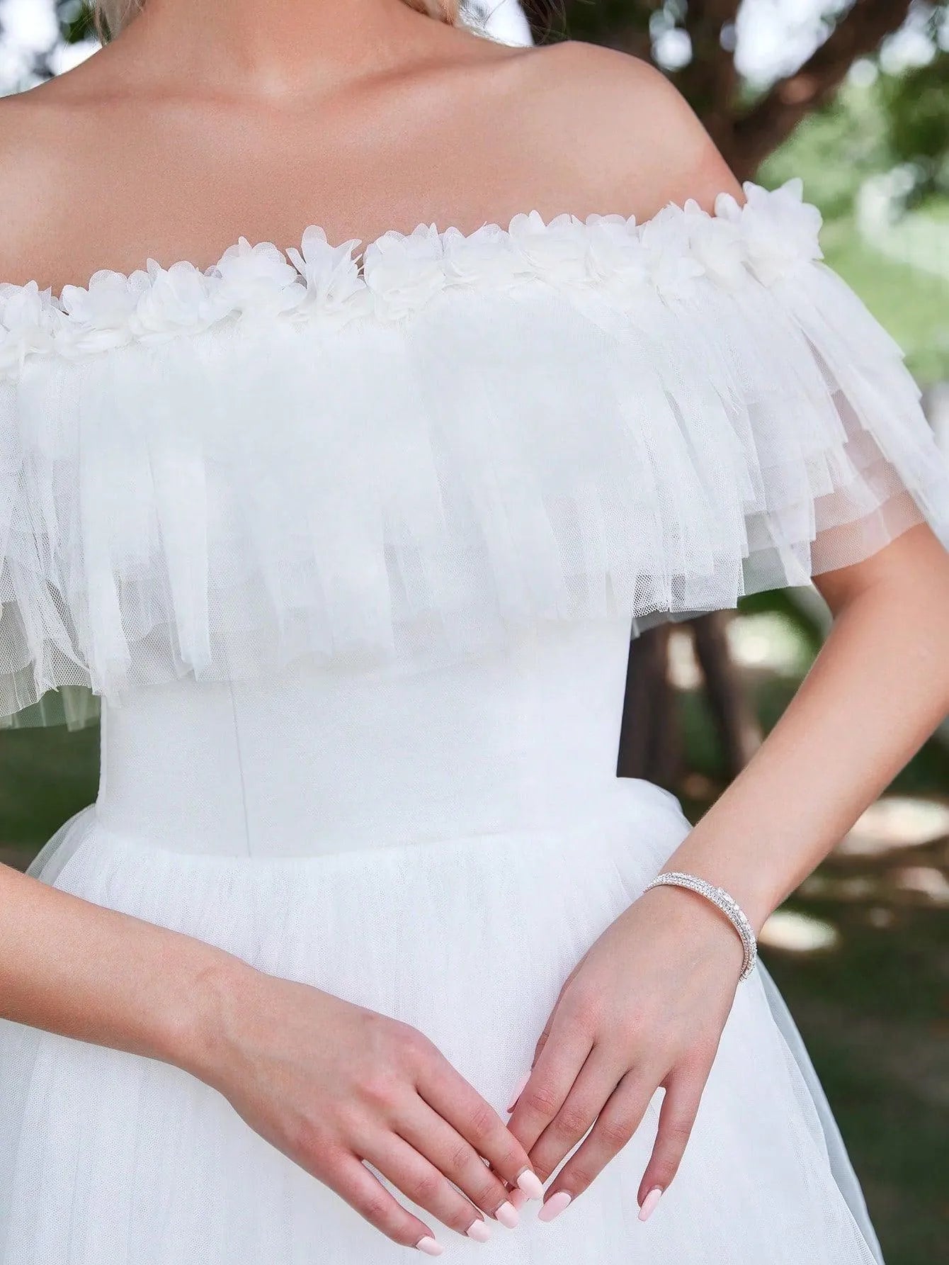 Ruffle Trim Off Shoulder Layered Mesh Wedding Dress