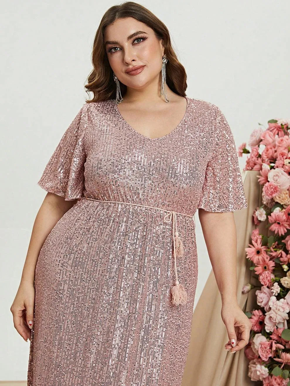 Plus Butterfly Sleeve Sequin Prom Dress