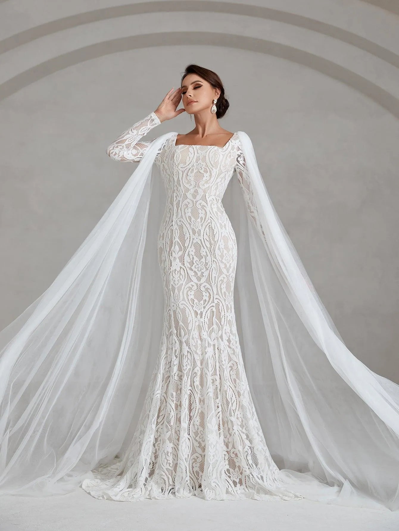 Elegant Square Neck Mermaid Lace Wedding Dress With Cape