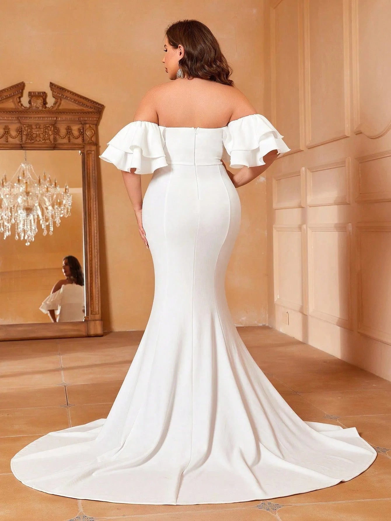 Plus Off Shoulder Ruffle Sleeve Mermaid Wedding Dress