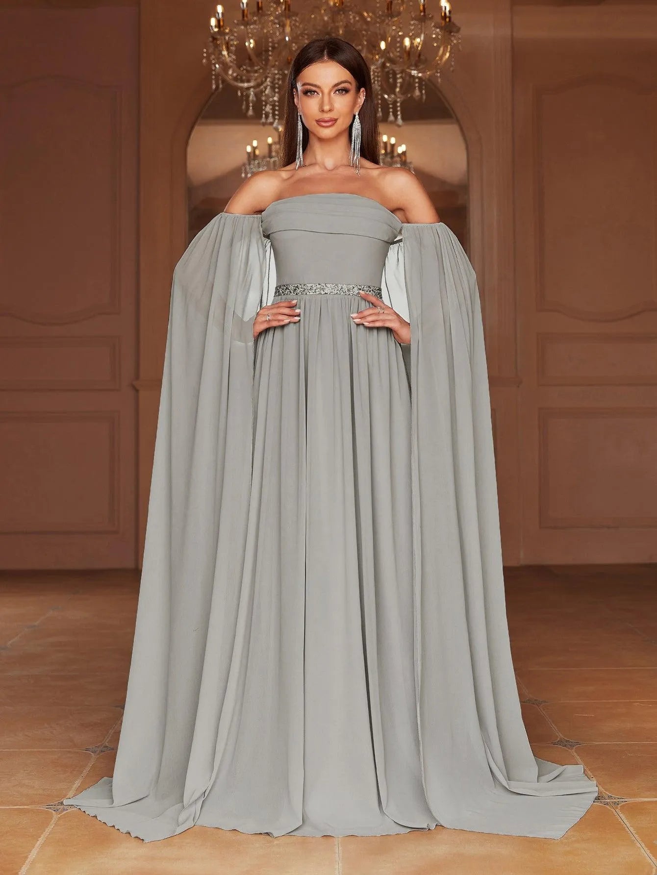 Elegant Off Shoulder Extra-Long Sleeves Chiffon Prom Dress