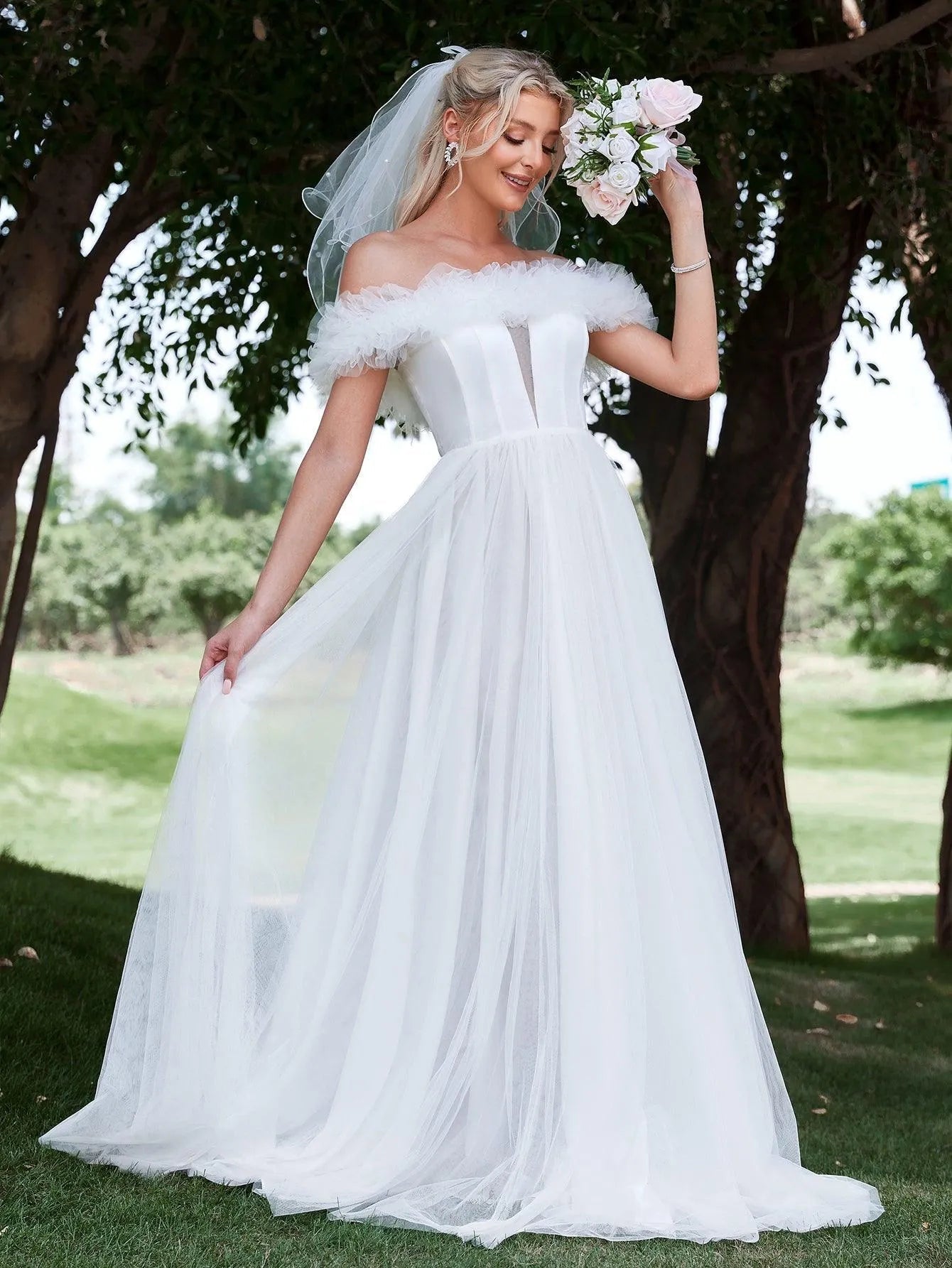 Ruffle Trim Off Shoulder A Line Wedding Dress