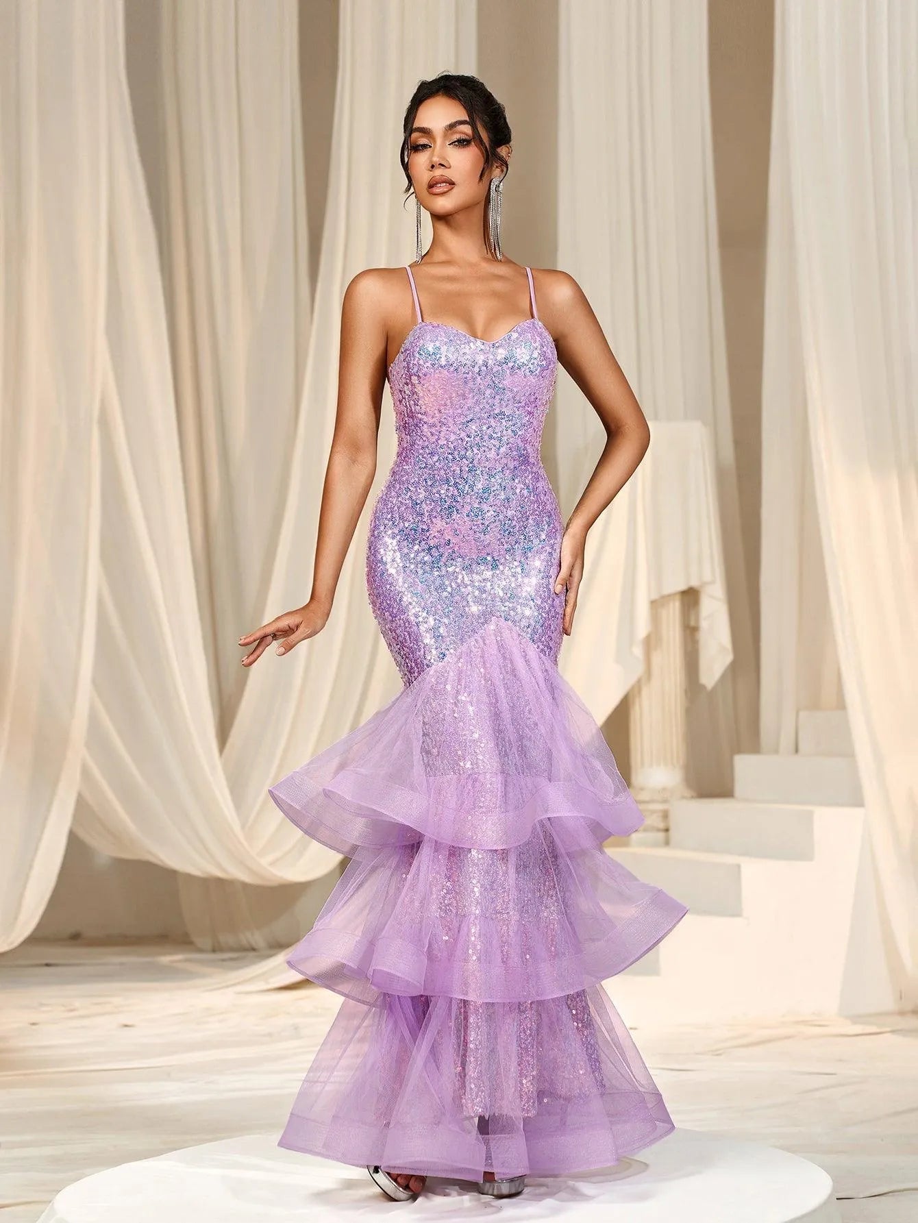 Backless Mermaid Hem Sequin Slip Prom Dress