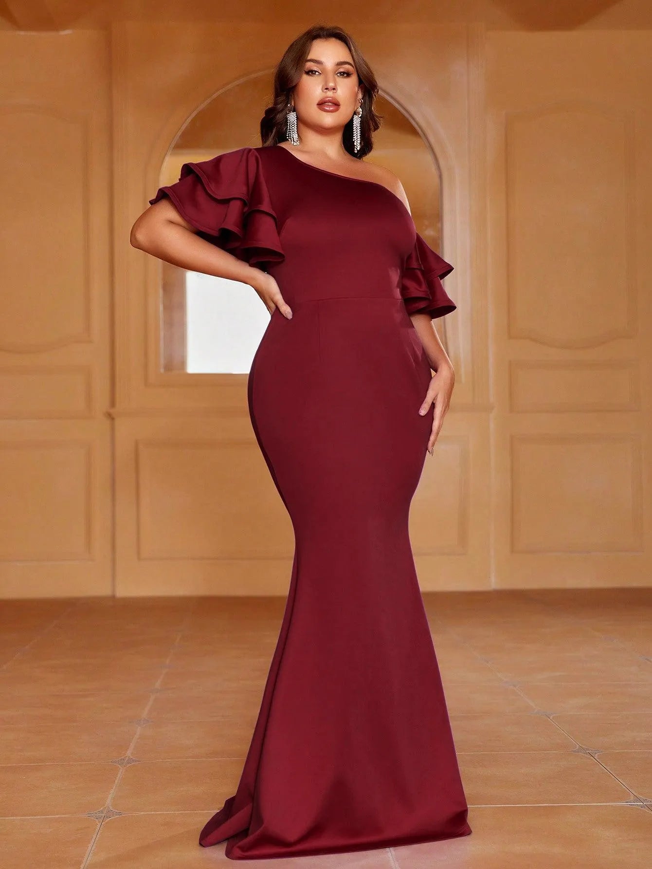 Plus Ruffled Sleeves Mermaid Evening Dress