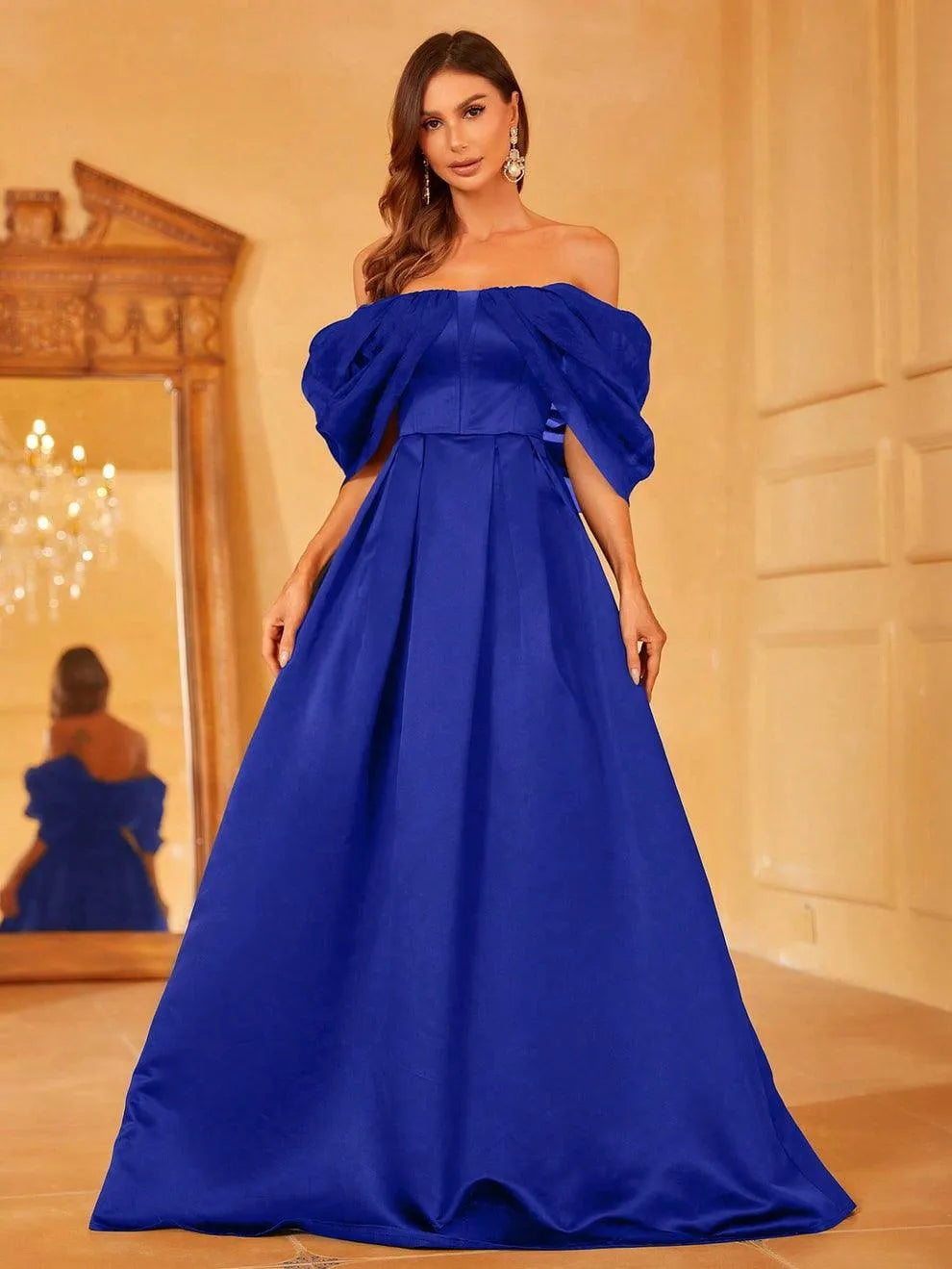 Off Shoulder Contrast Mesh Satin Formal Dress