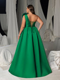 Plus Women's One Shoulder Formal Dress | Statement Ruffle Trim Accent | Corset Back & High Split