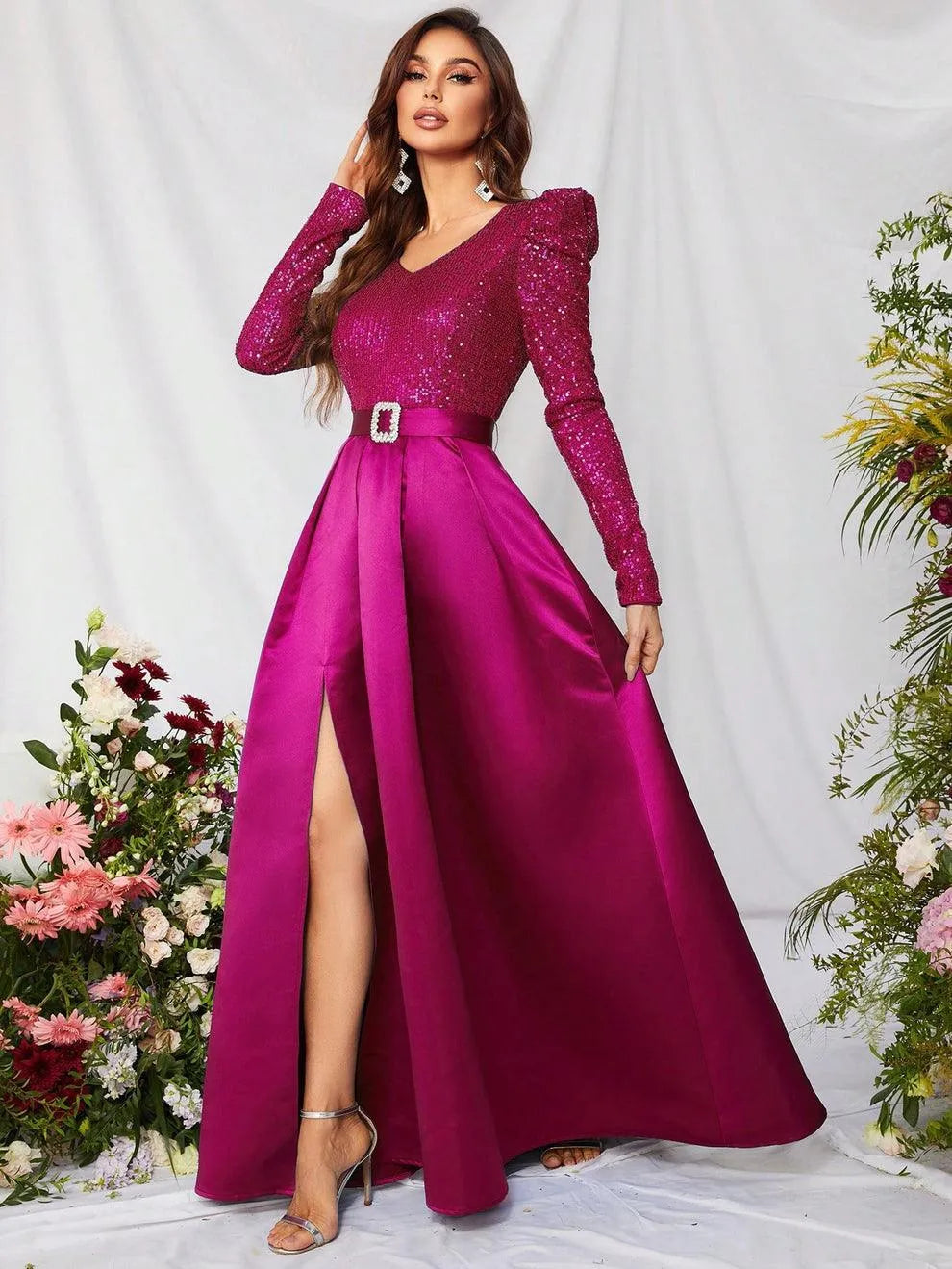 Elegant V Neck Gigot Sleeve Slit A Line Prom Dress