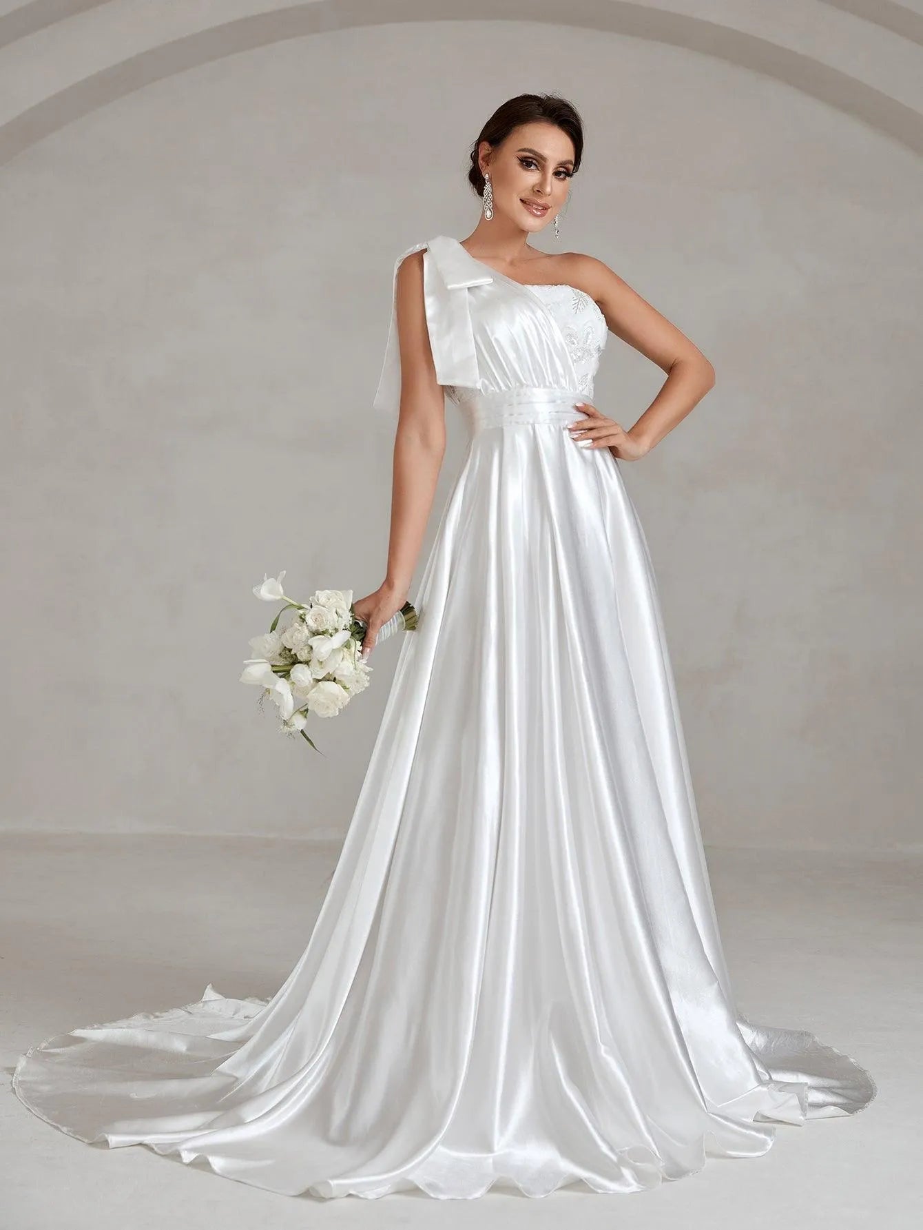 One Shoulde Floor Length Satin Wedding Dress