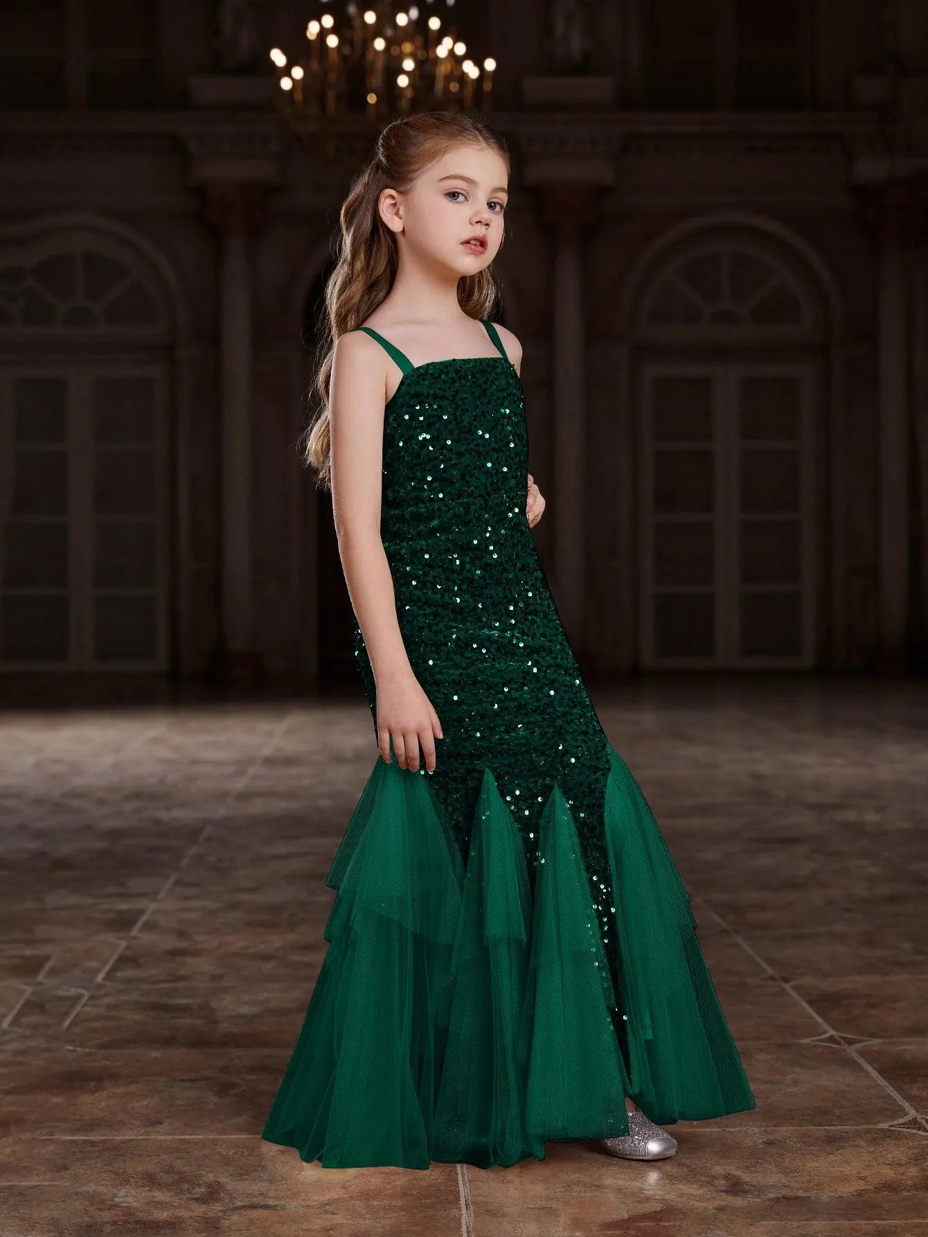 Tween Girls' Sleeveless Mesh Overlay Sequin Mermaid Party Dress