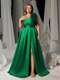 Plus Women's One Shoulder Formal Dress | Statement Ruffle Trim Accent | Corset Back & High Split