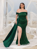 Plus Elegant Off Shoulder Draped Side Split Mermaid Hem Sequin Evening Dress