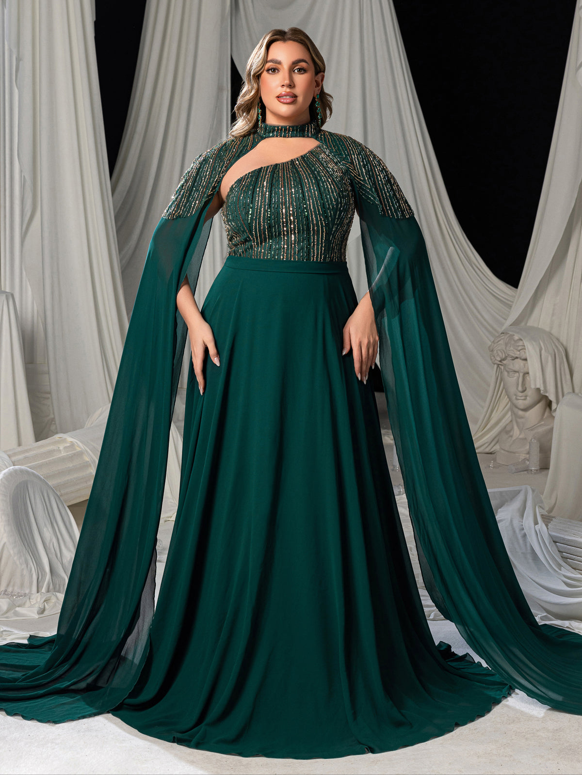 Plus High Neck Chiffon Gown with Detachable Cape | Asymmetrical Cutout & Beaded Embroidery
