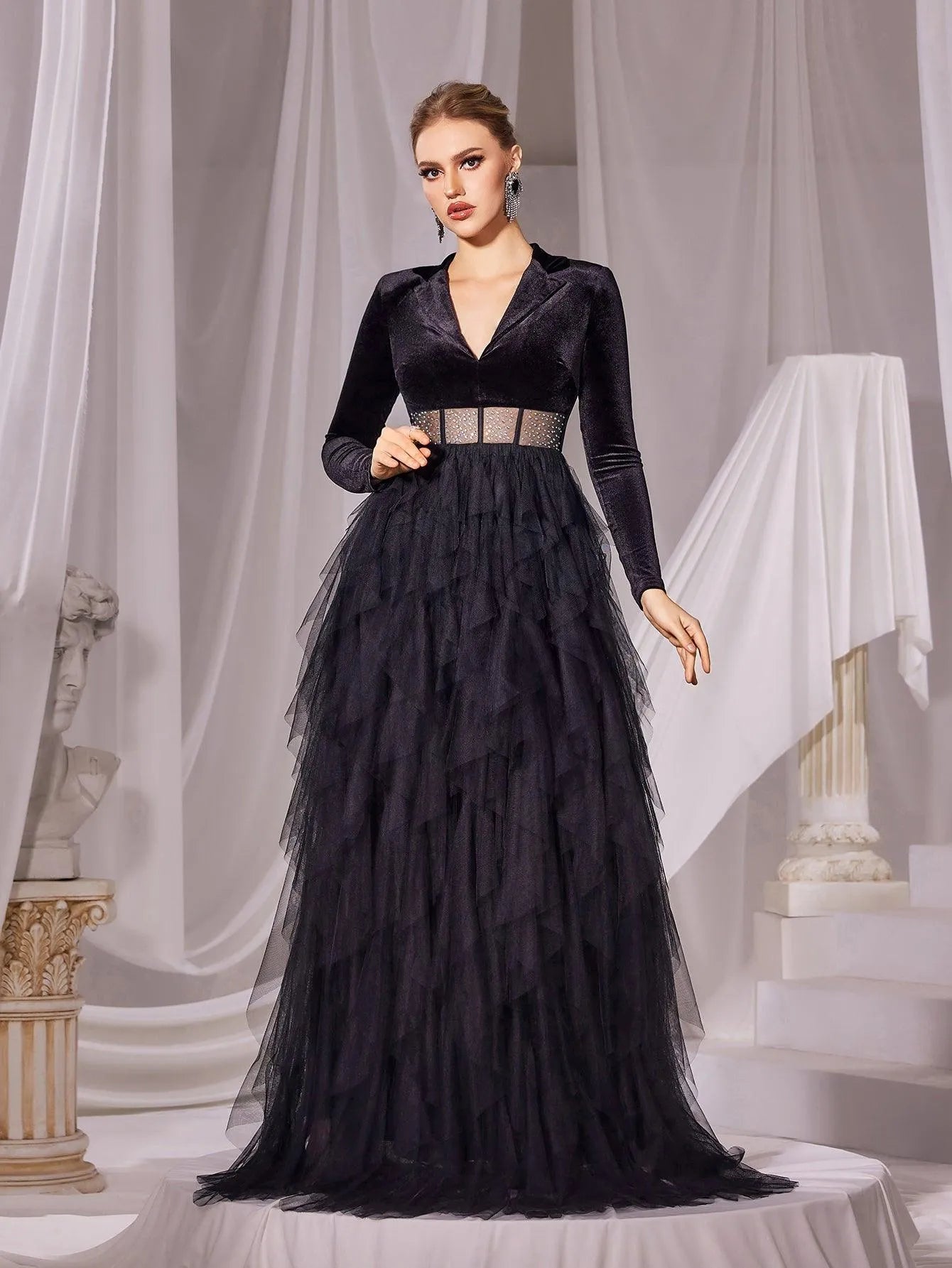 Elegant Velvet Bodice Contrast Mesh Hem Formal Dress