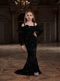 Tween Girls' Off Shoulder Ruffle Trim Sequin Mermaid Dress - Elonnashop