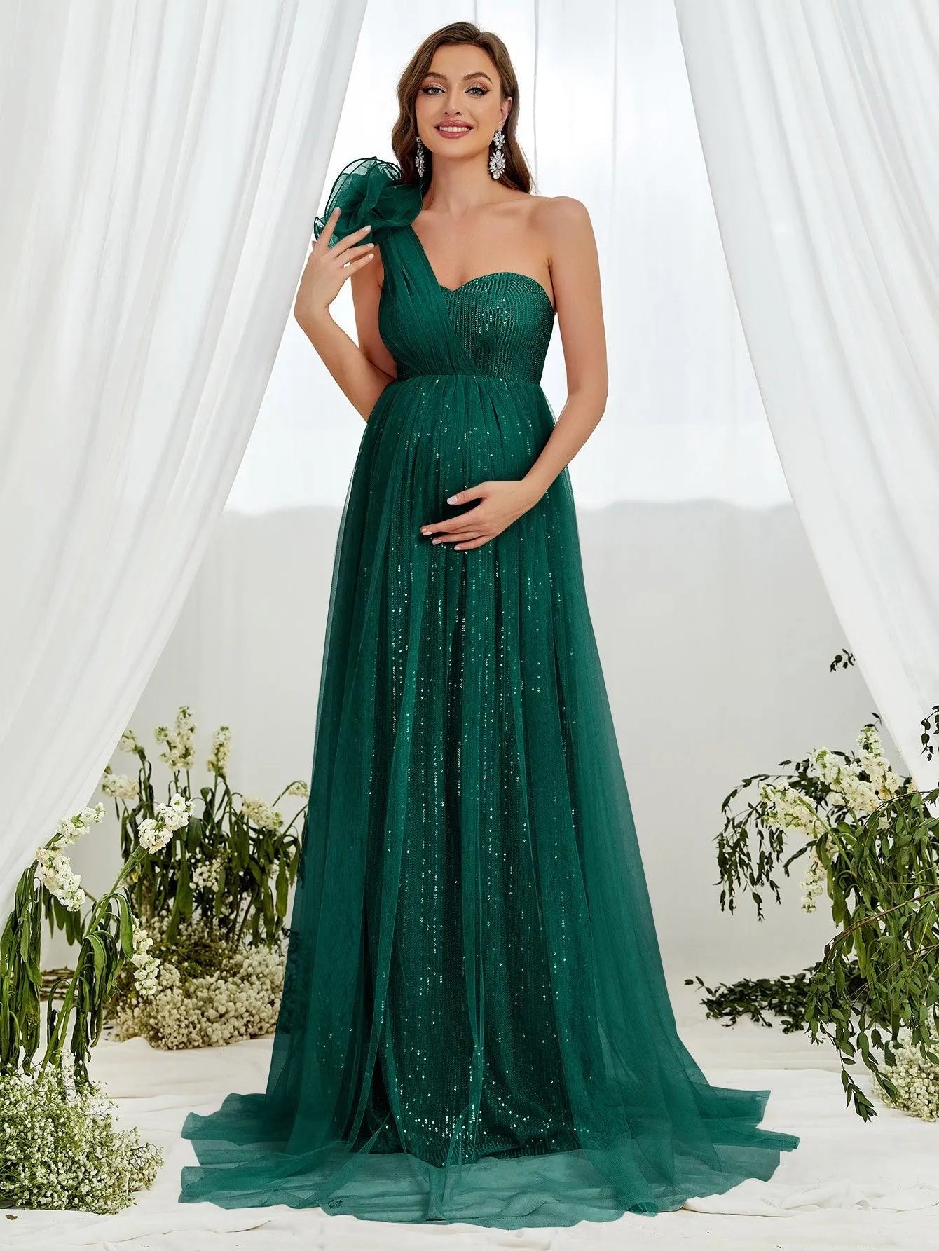 Maternity One Shoulder Contrast Mesh Sequin Formal Dress