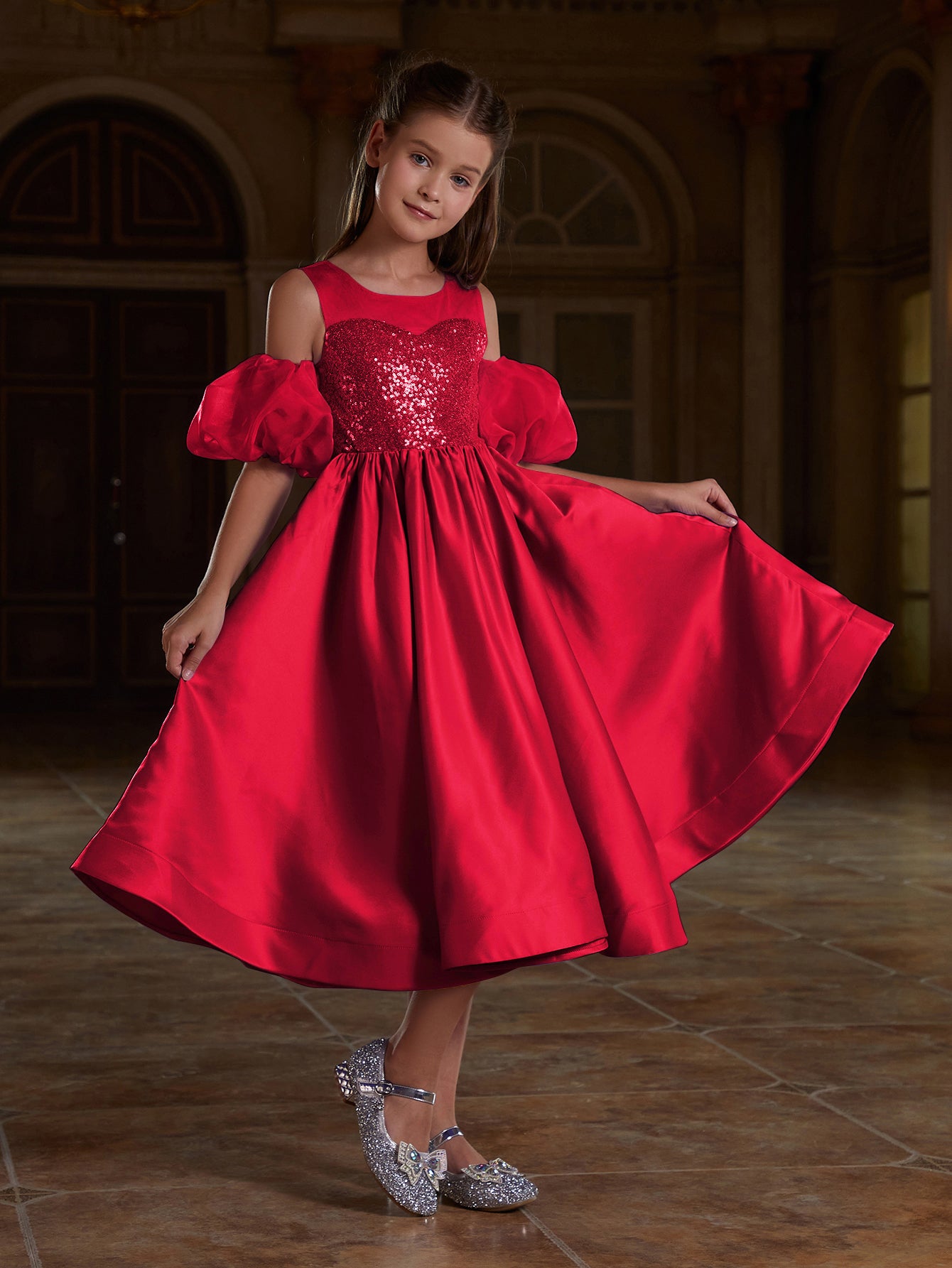 Girl's Puff Sleeve Sequin Contrast Satin Dress