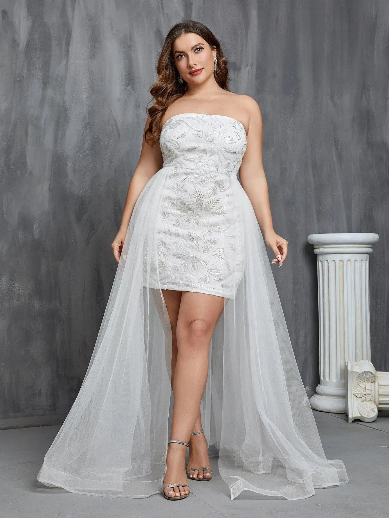 Plus Mesh Overlay Sequin Tube Wedding Dress