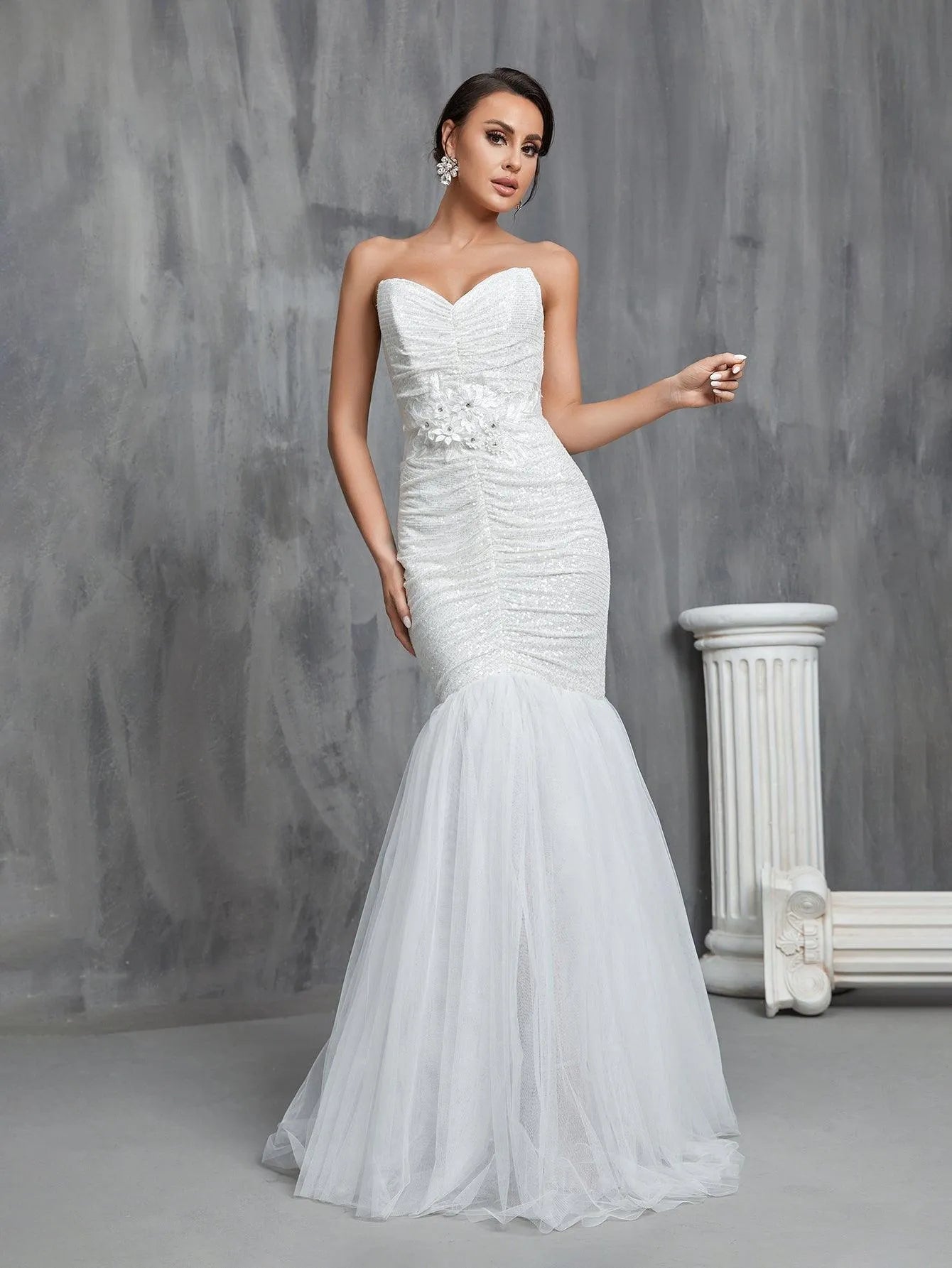 Ruched Front Mermaid Hem Sequin Tube Wedding Dresses