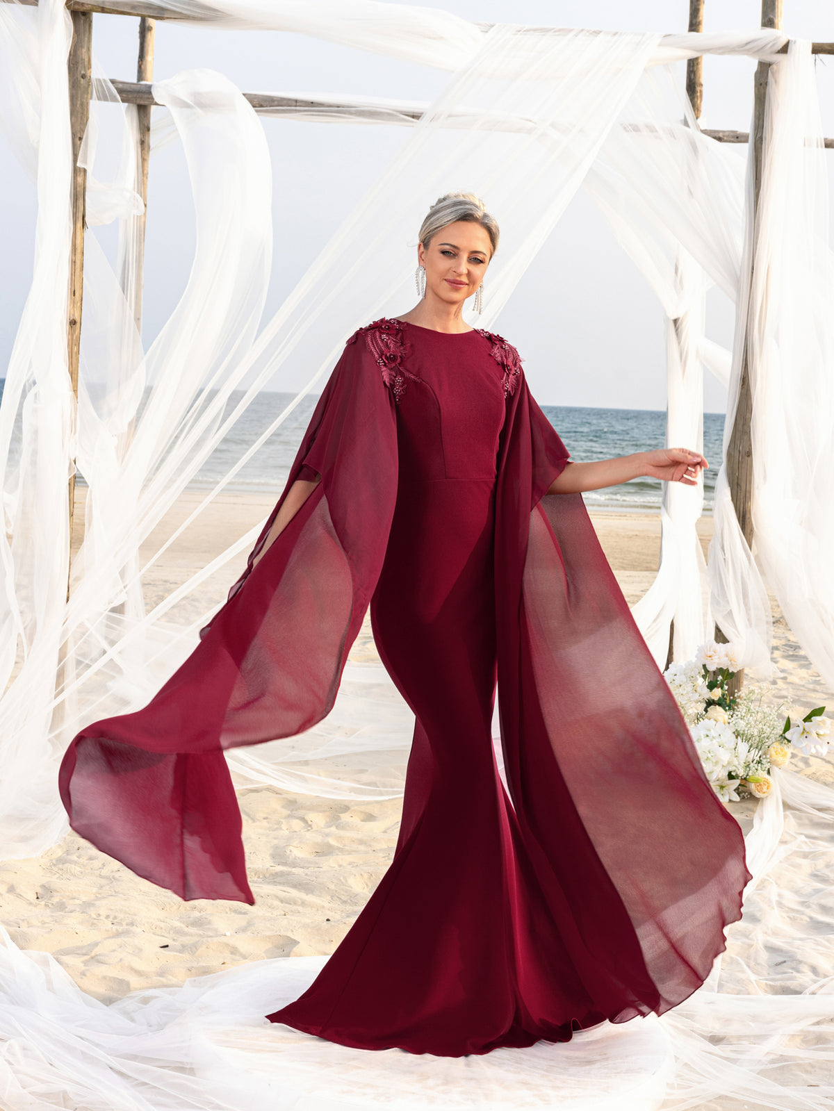 Womens' Mermaid Silhouette Formal Dress with Flared Chiffon Sleeves & Floral Appliqué Detailing