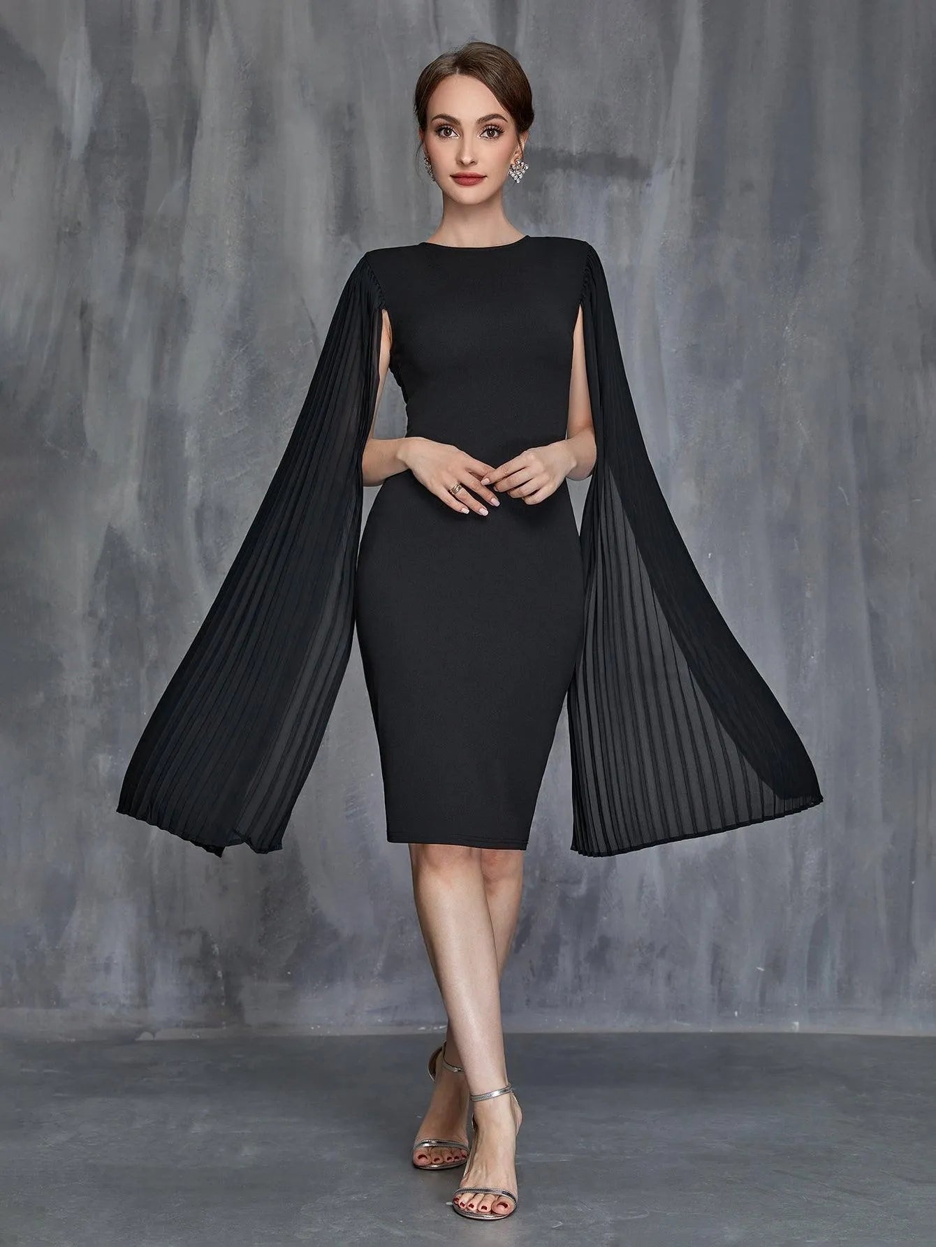 Womens' Pleated Cloak Sleeves Midi Dress