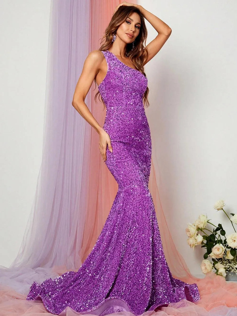 Elegant One Shoulder Sleeveless Sequin Mermaid Dresses - Elonnashop