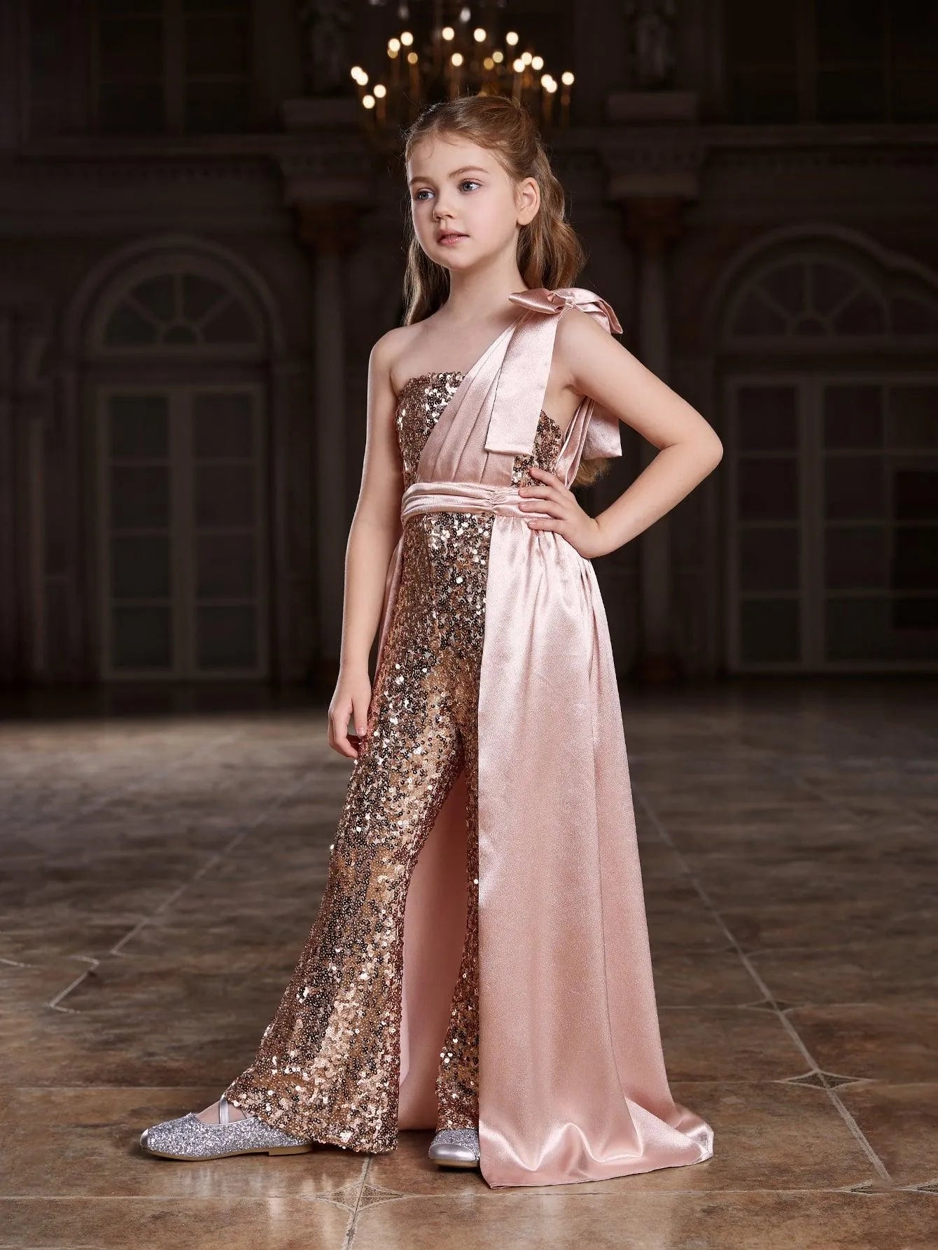 Tween Girls' One Shoulder Satin Overlay Sequin Jumpsuit